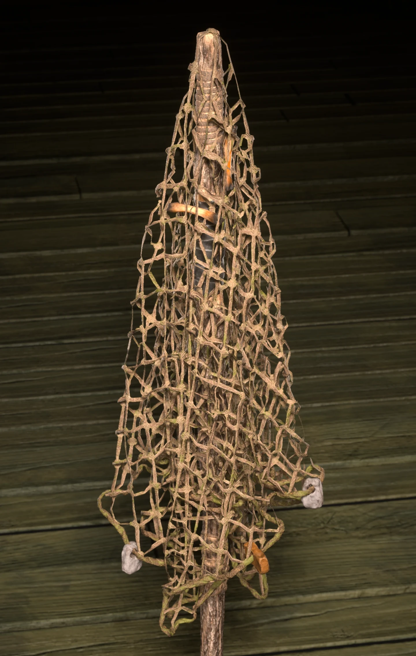 Fishing Net made for the environment, simulated in Houdini to land on the effigy. Additional fishing nets can be seen in the environment.