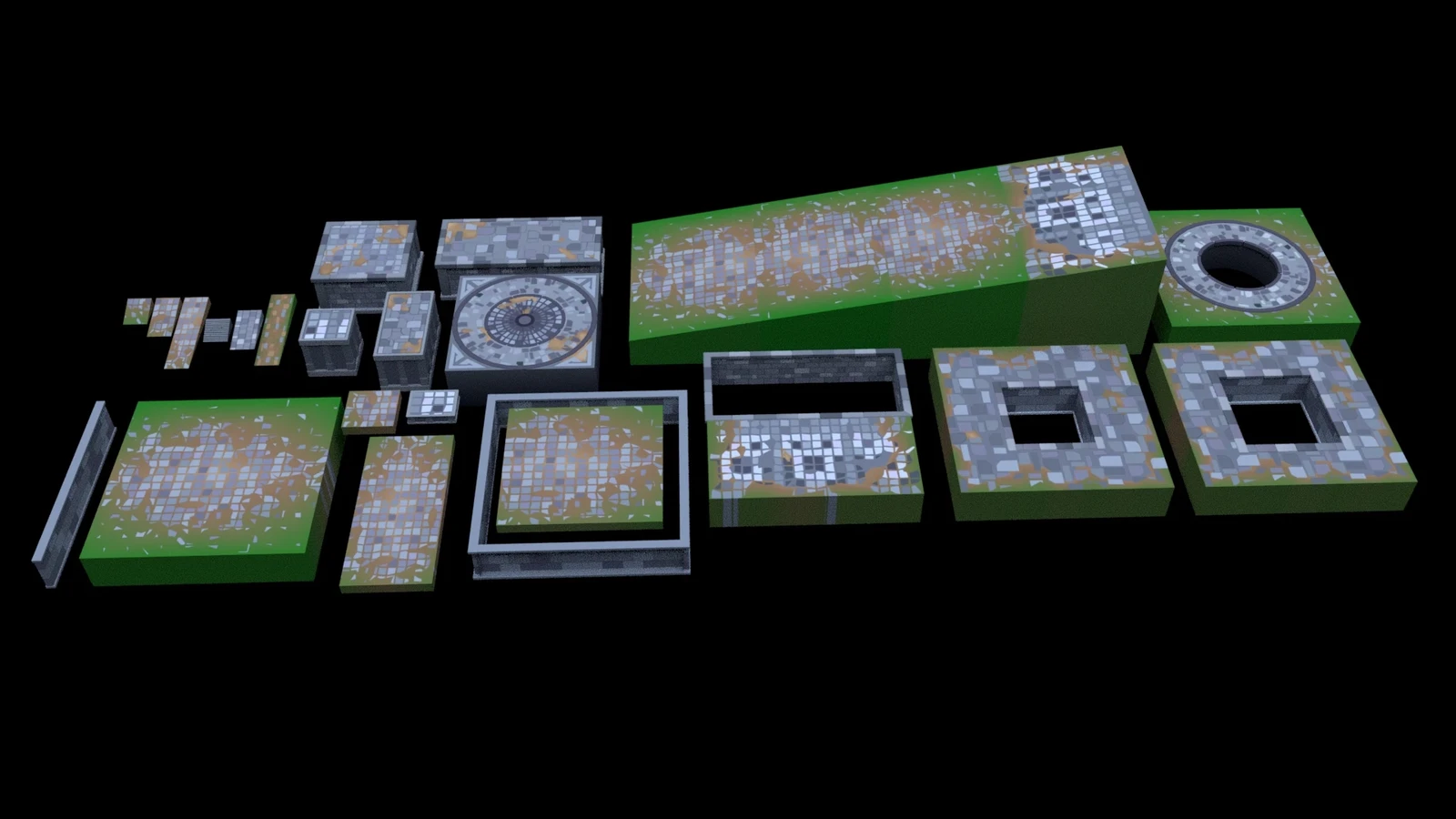 Obstacle floor sections used to create modular obstacle sections. 