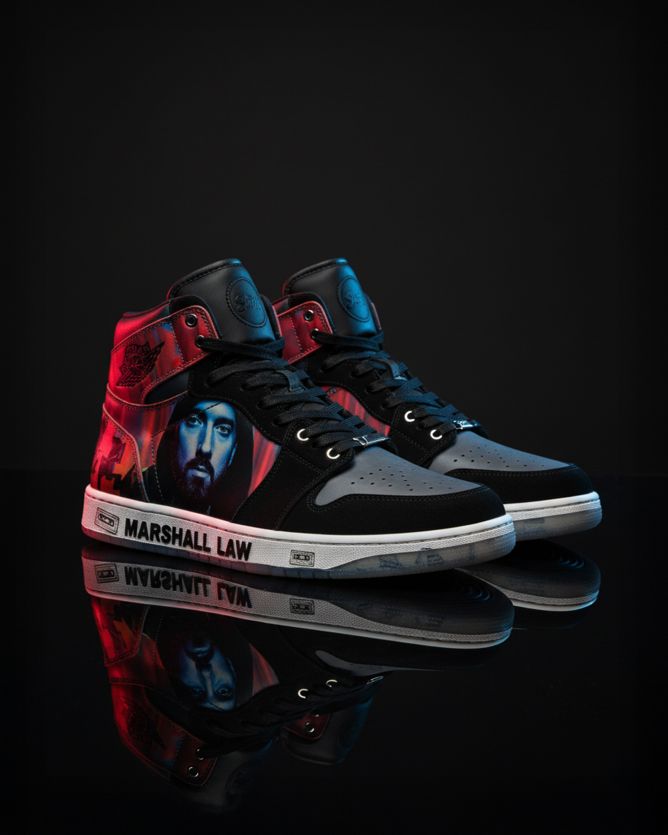 Custom sneaker design with integrated portrait art and typography elements from the campaign