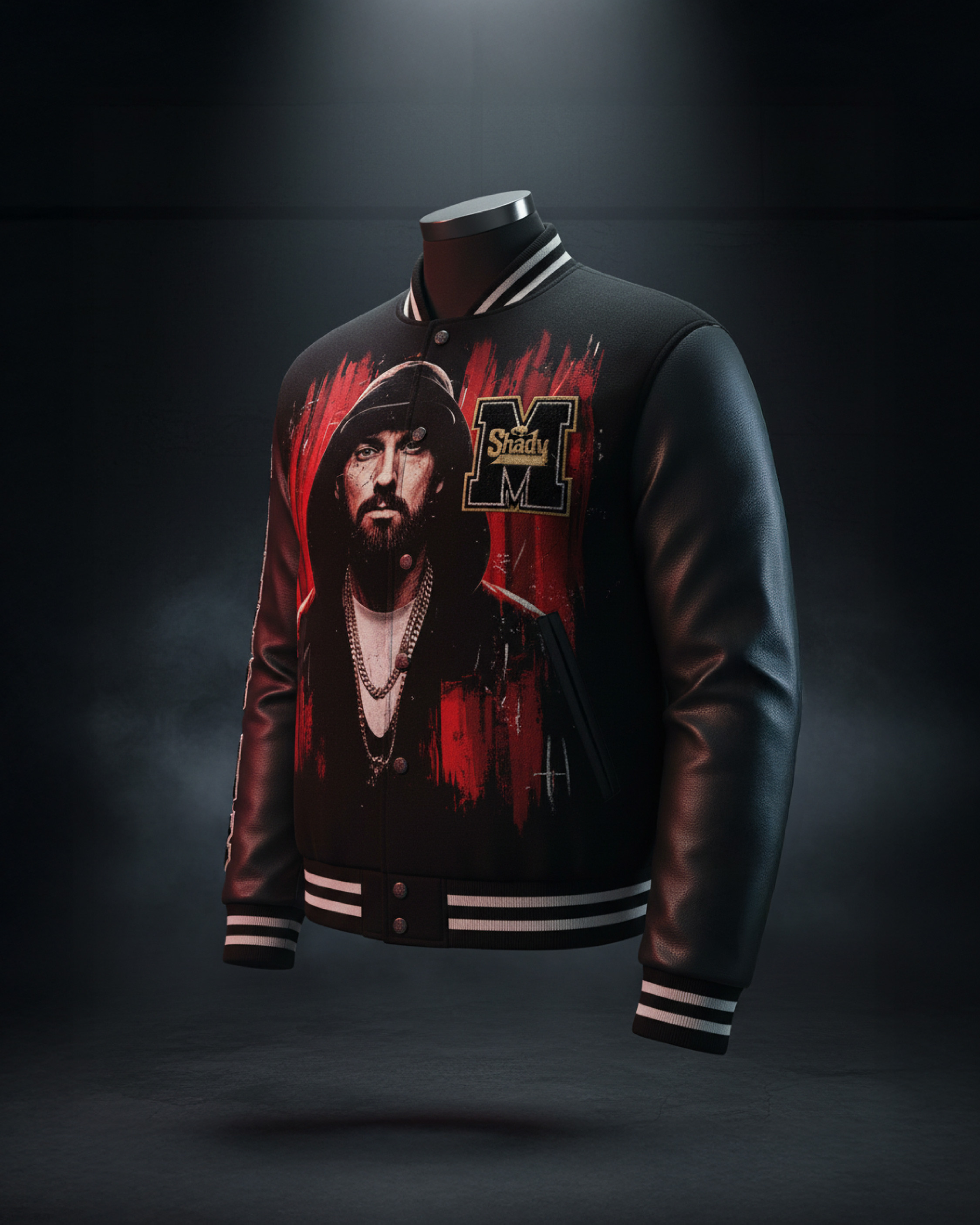 Premium outerwear mockup integrating the portrait art and Shady Records style varsity graphics