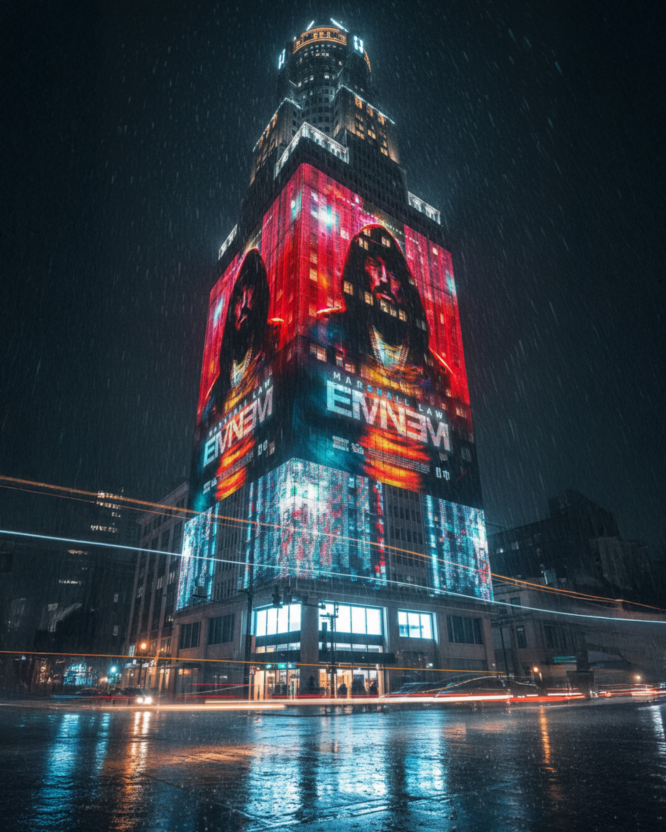 Skyscraper domination, showcasing how the artwork functions as a full digital takeover