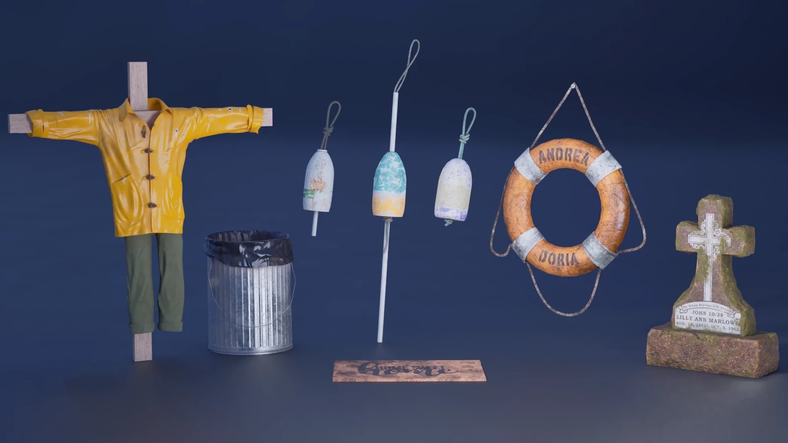 Props (Lobster buoy colors are randomized based on world position)