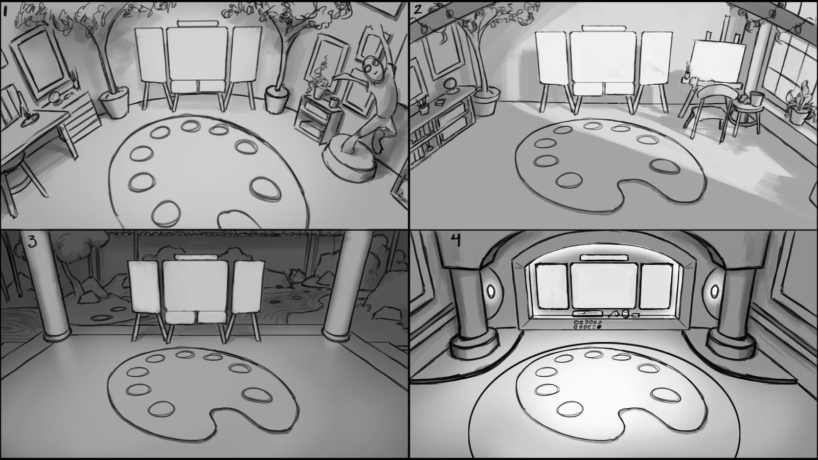 Environment ideas for the setup. Eventually we decided to keep the blank room with some set dressing.