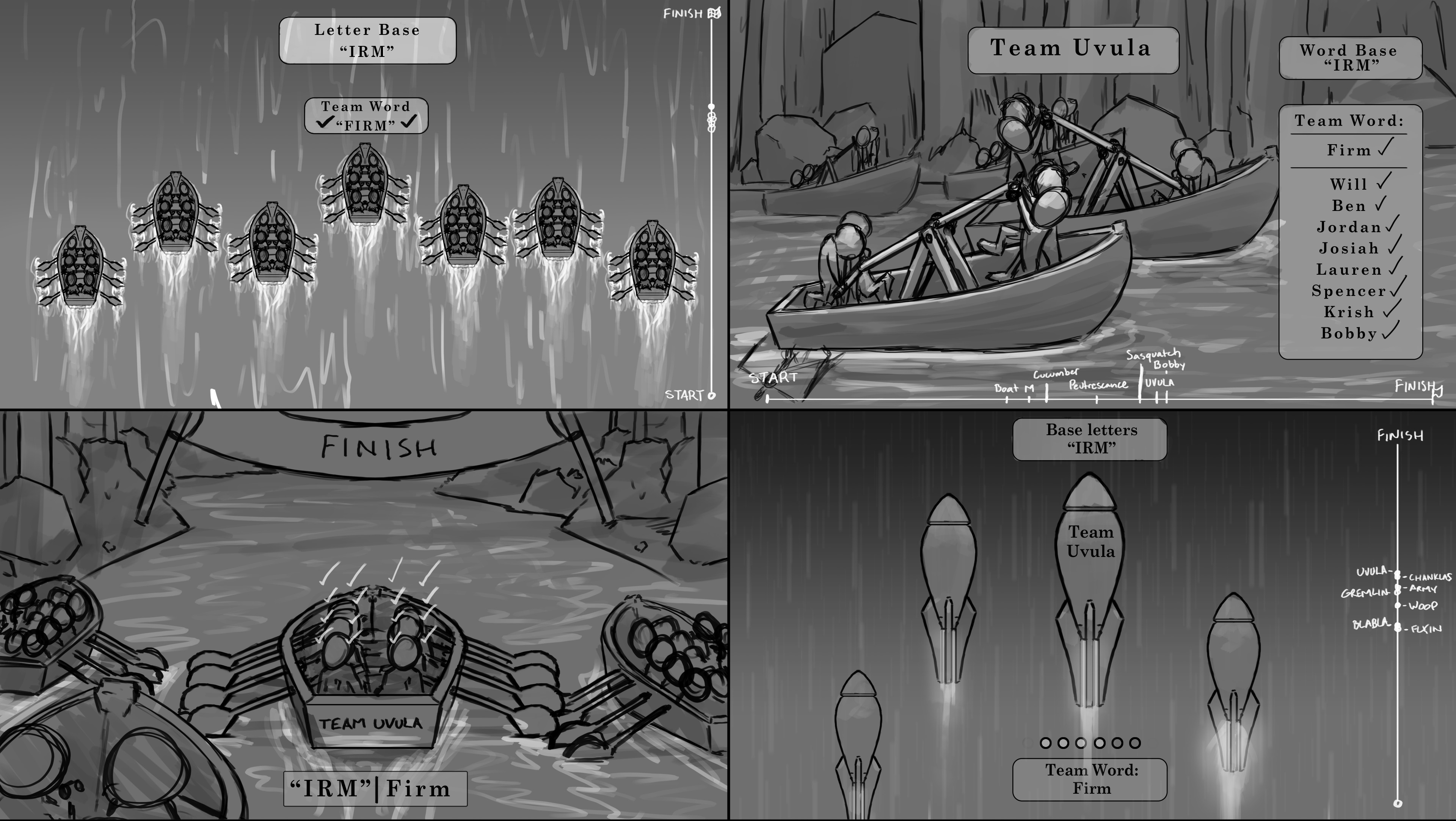 "Wordy Waterway" initial concepts showing how we could show this from the player's perspective. I also included these U.I. designs.