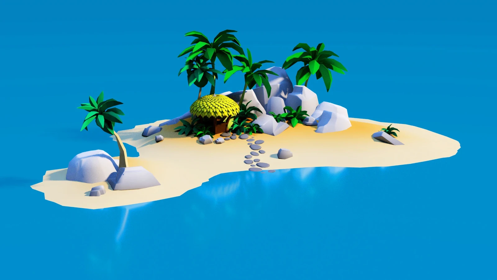 I made the hut, land, stones, and set dressed with existing rocks, trees, and bushes.