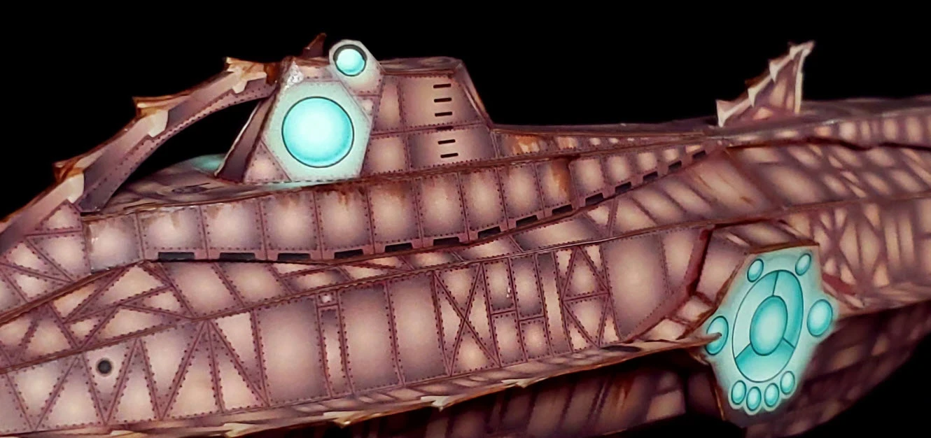 20,0000 Leagues Under the Sea - Nautilus Paper Card Model. Build by Dale Jackson. Designed by Kevin Kittle. Free Model at: https://www.disneyexperience.com/activities/models/20klus_model.php?