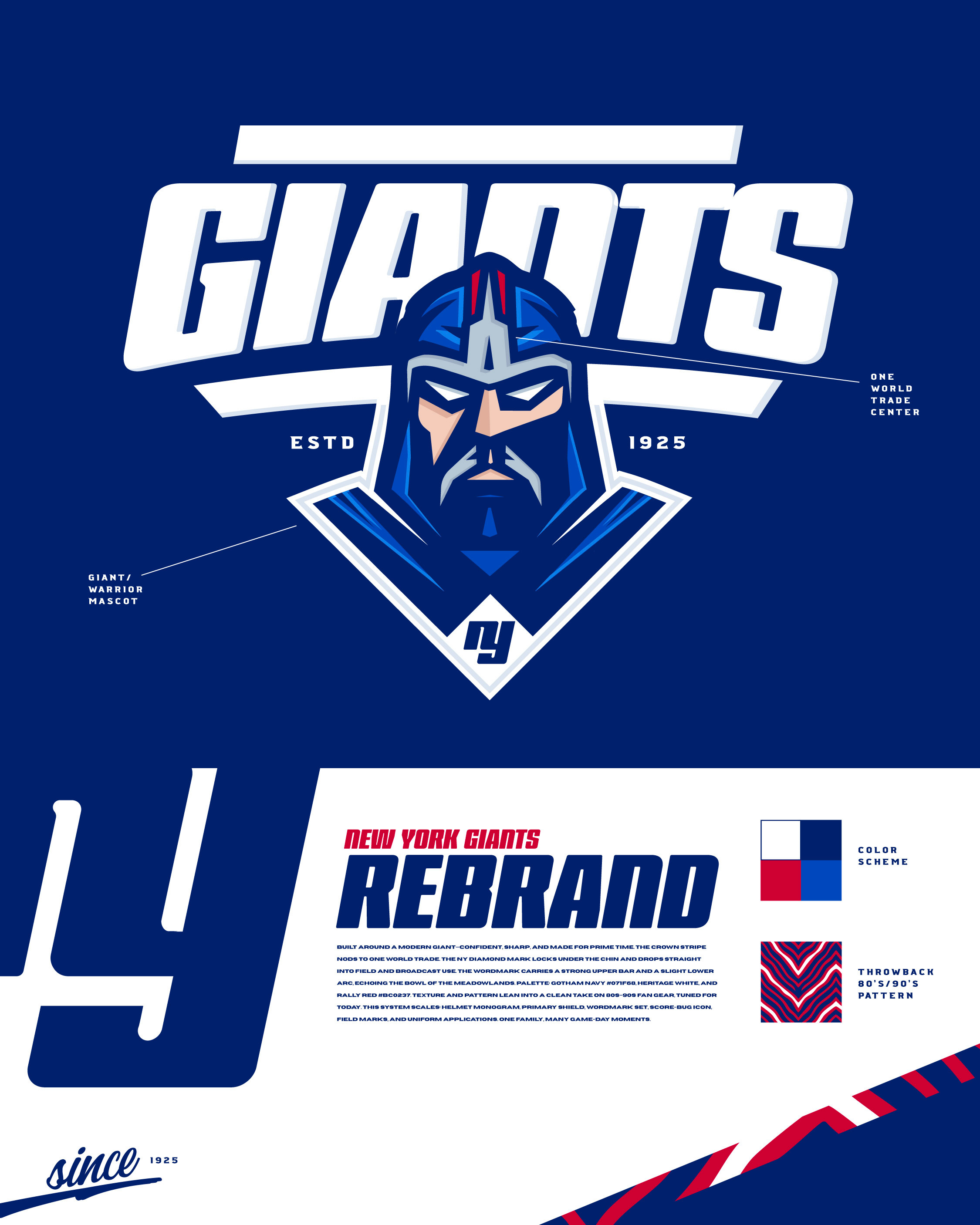Full logo system overview -  combining a modernized Giants wordmark with the new giant/warrior emblem and refreshed team color palette