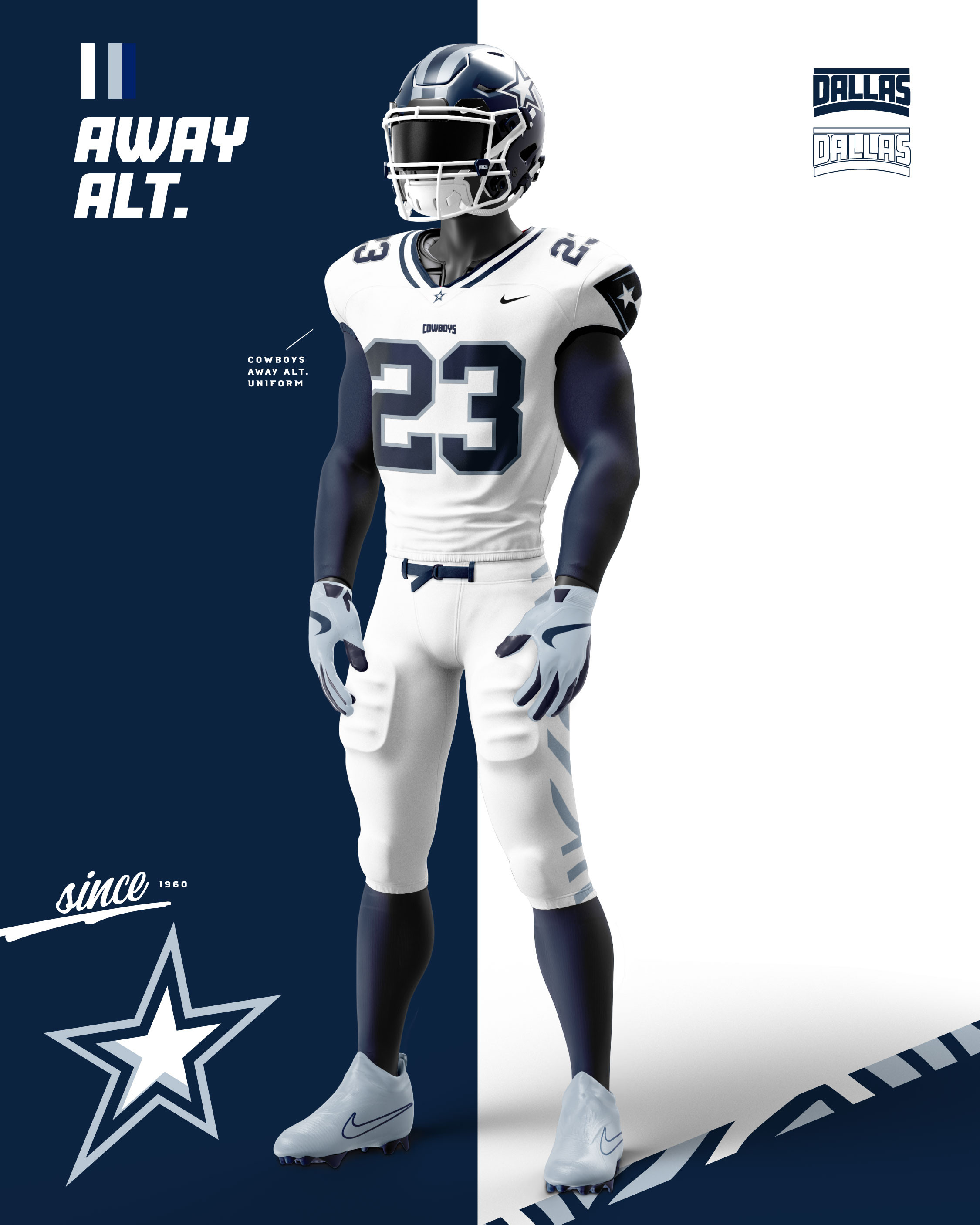 White away alternate uniform featuring navy accents, updated sleeve details, and custom helmet + glove treatments