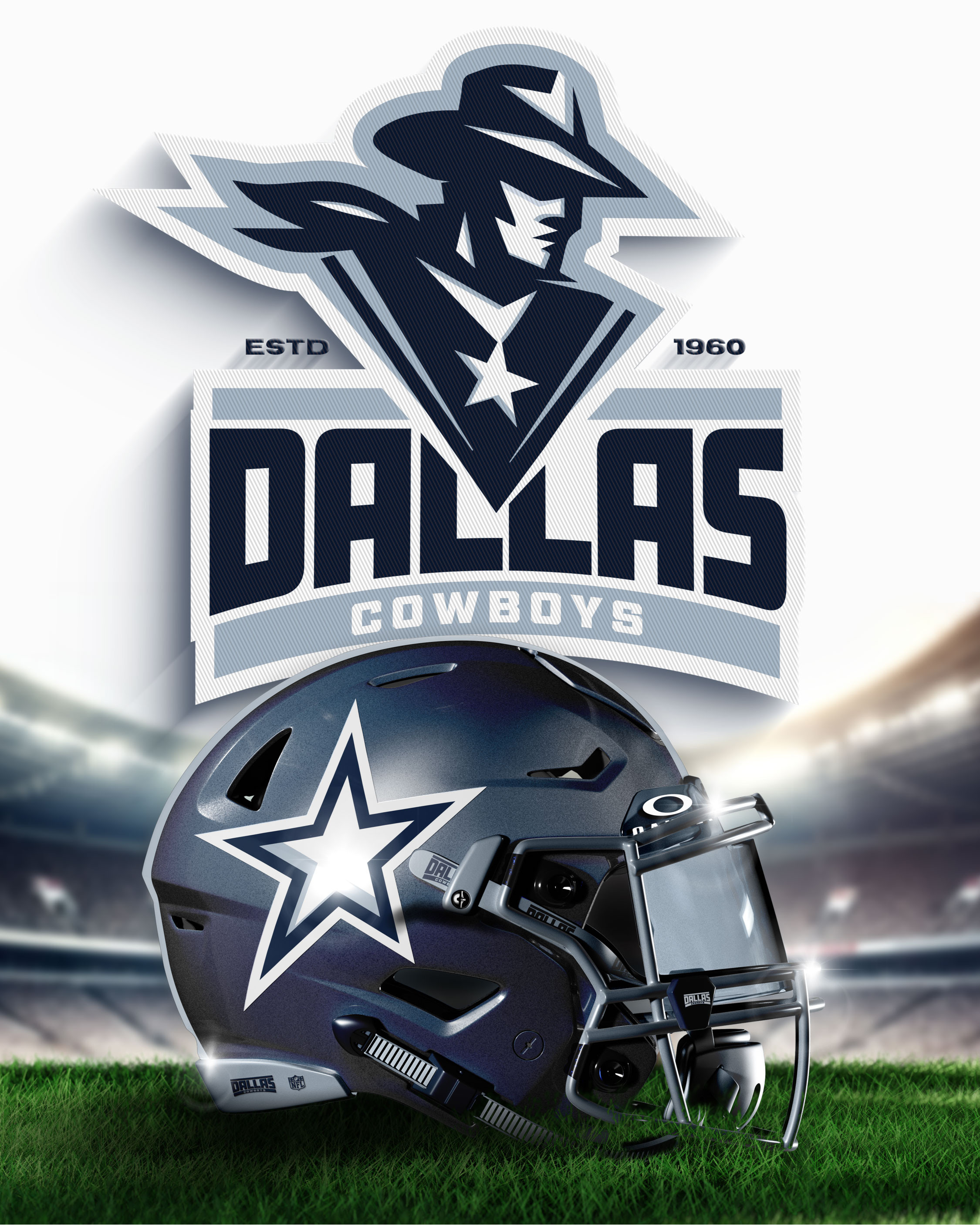 Alternate Dallas Cowboys crest featuring a modernized cowboy mascot and reimagined Lone Star icon. Paired with an updated helmet concept