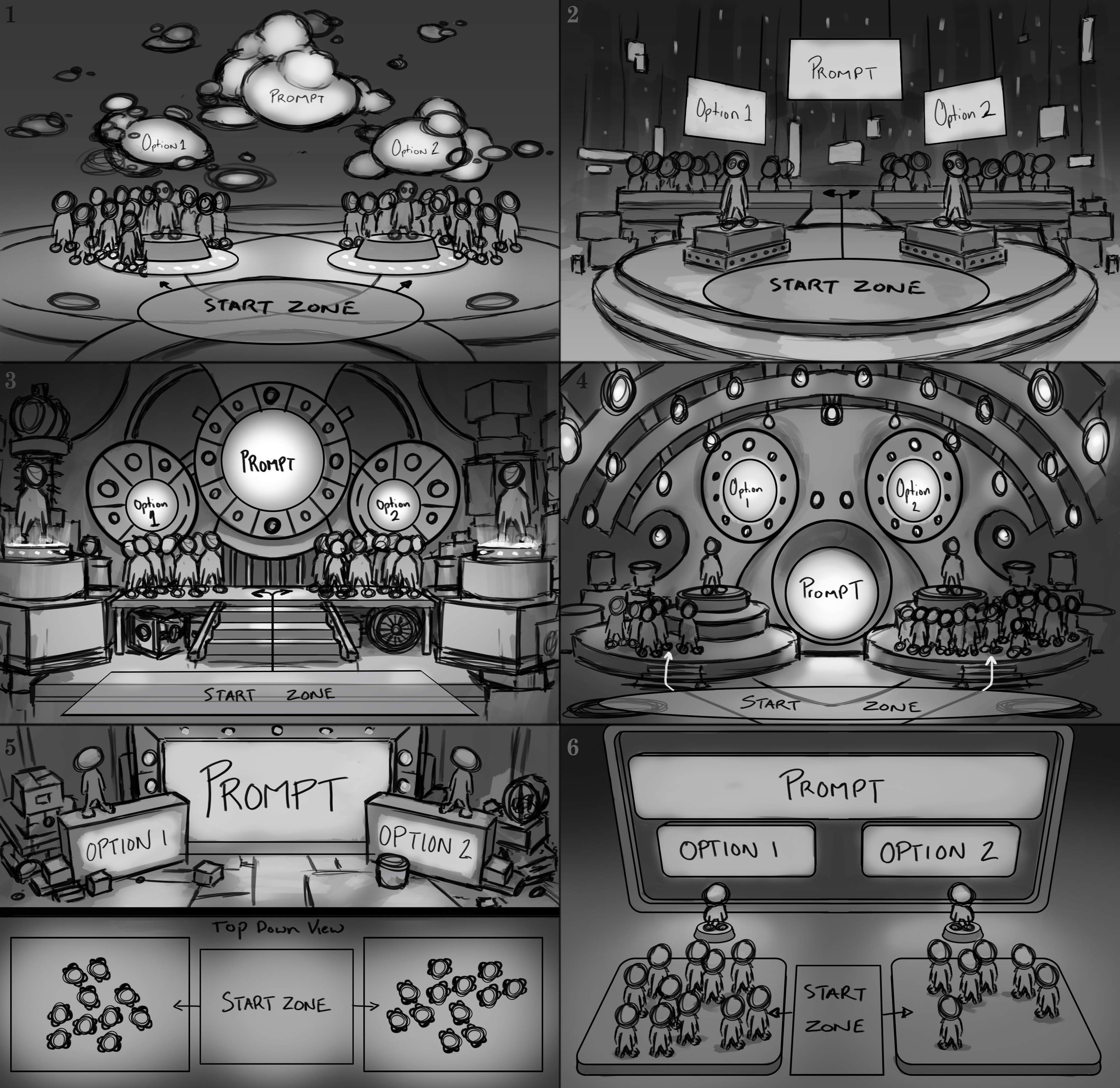 Initial sketches showing how the game could look and how we could present that to players. 