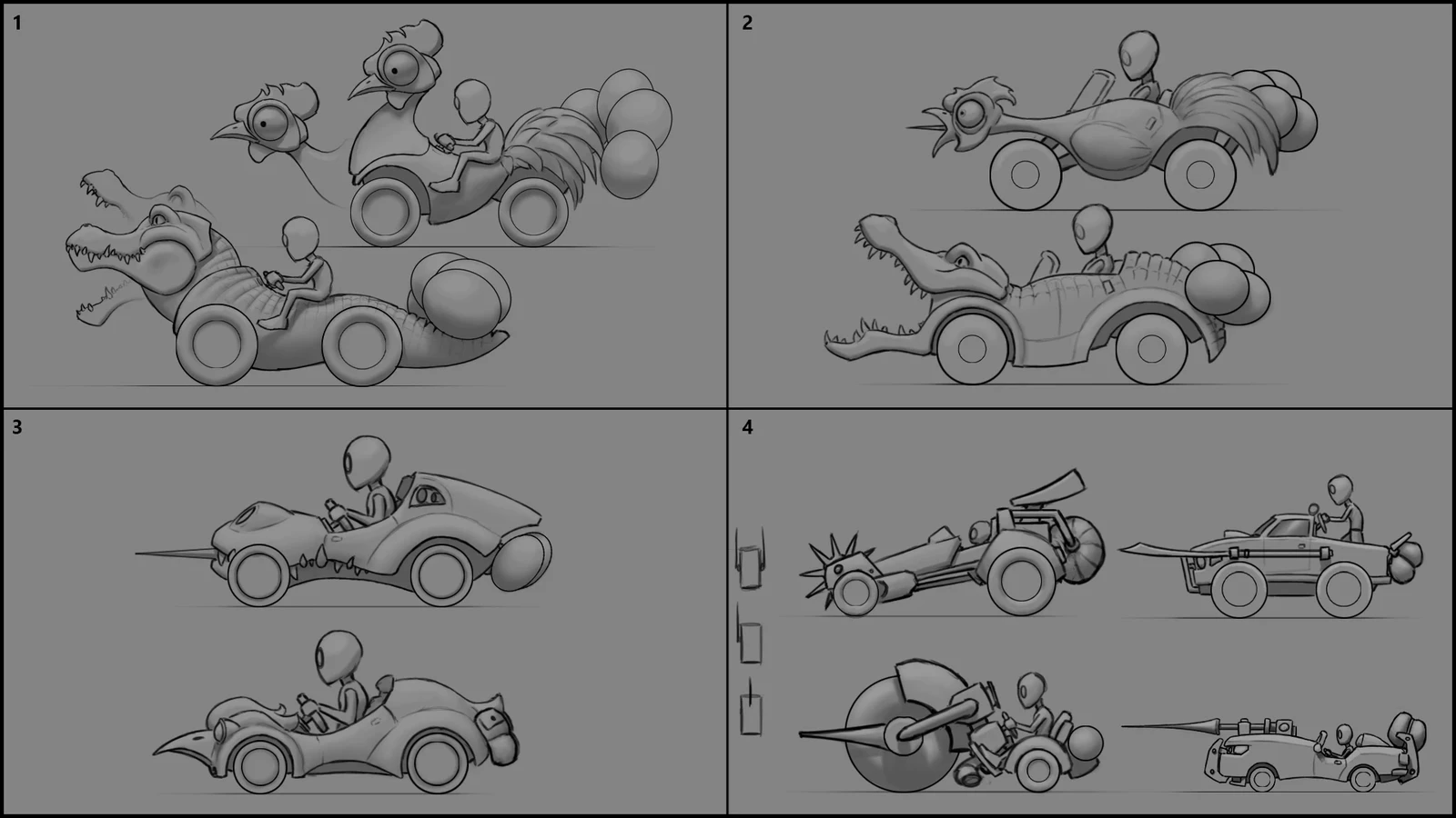 panels 1-3 are variations of the crocodile and chicken cars, gradually more car like. 4 is additional fun car ideas. 