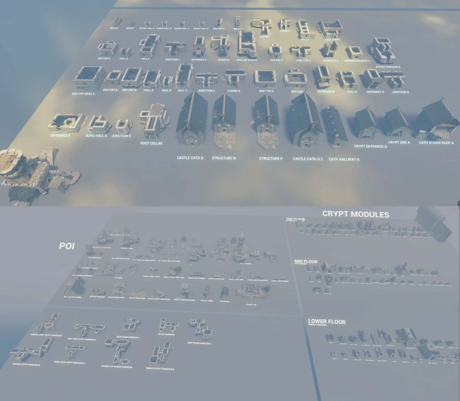 Prefabs and POIs made out of castle kit assets (Level art - Aaron Hamman, Thomas Pelletan, Bora Helvacioglu) (Level design - Colin Volrath, Tessa Vosika)