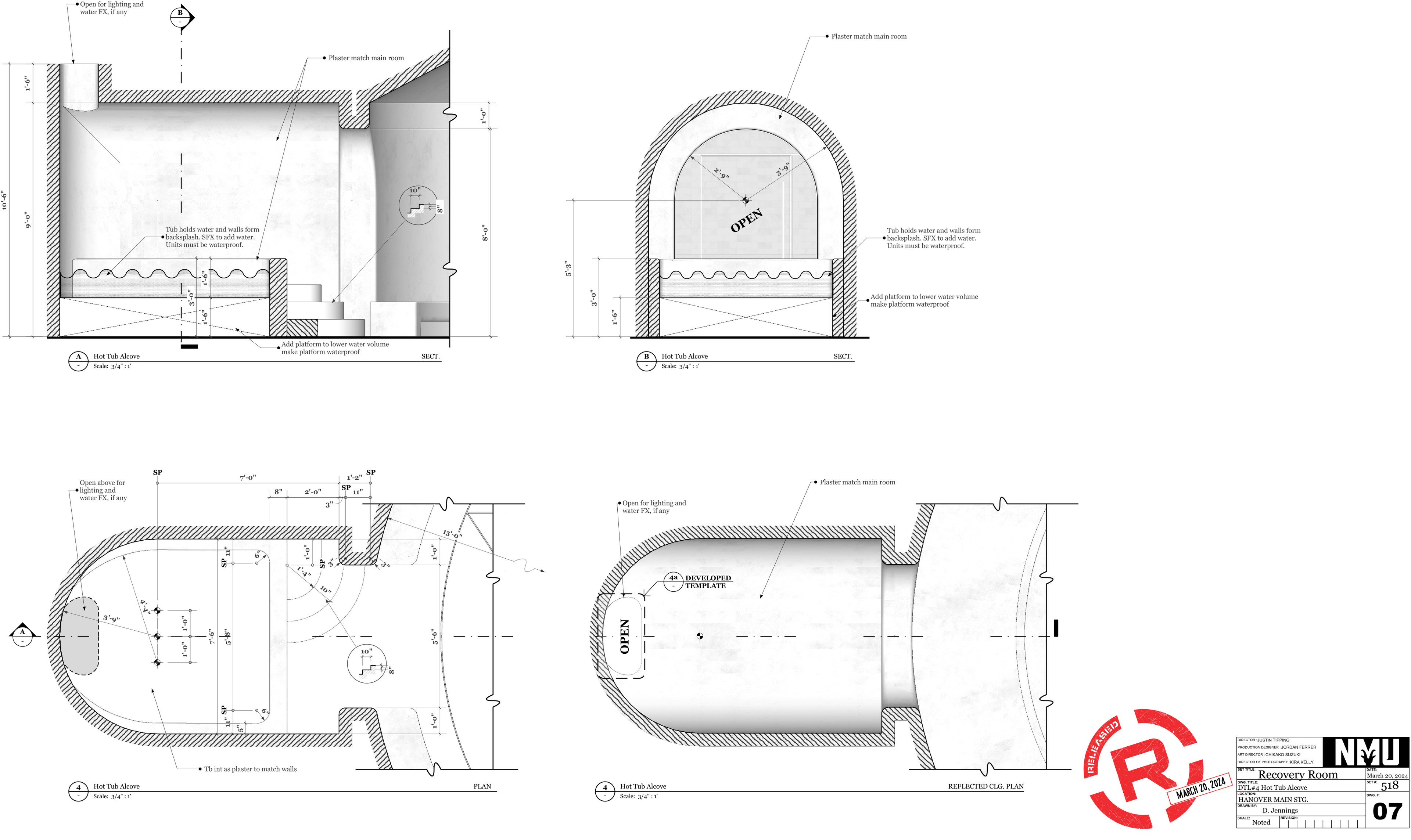 Recovery Room, Hot Tub Detail Drawings. Modeled in Sketchup, drawn in Trimble Layout