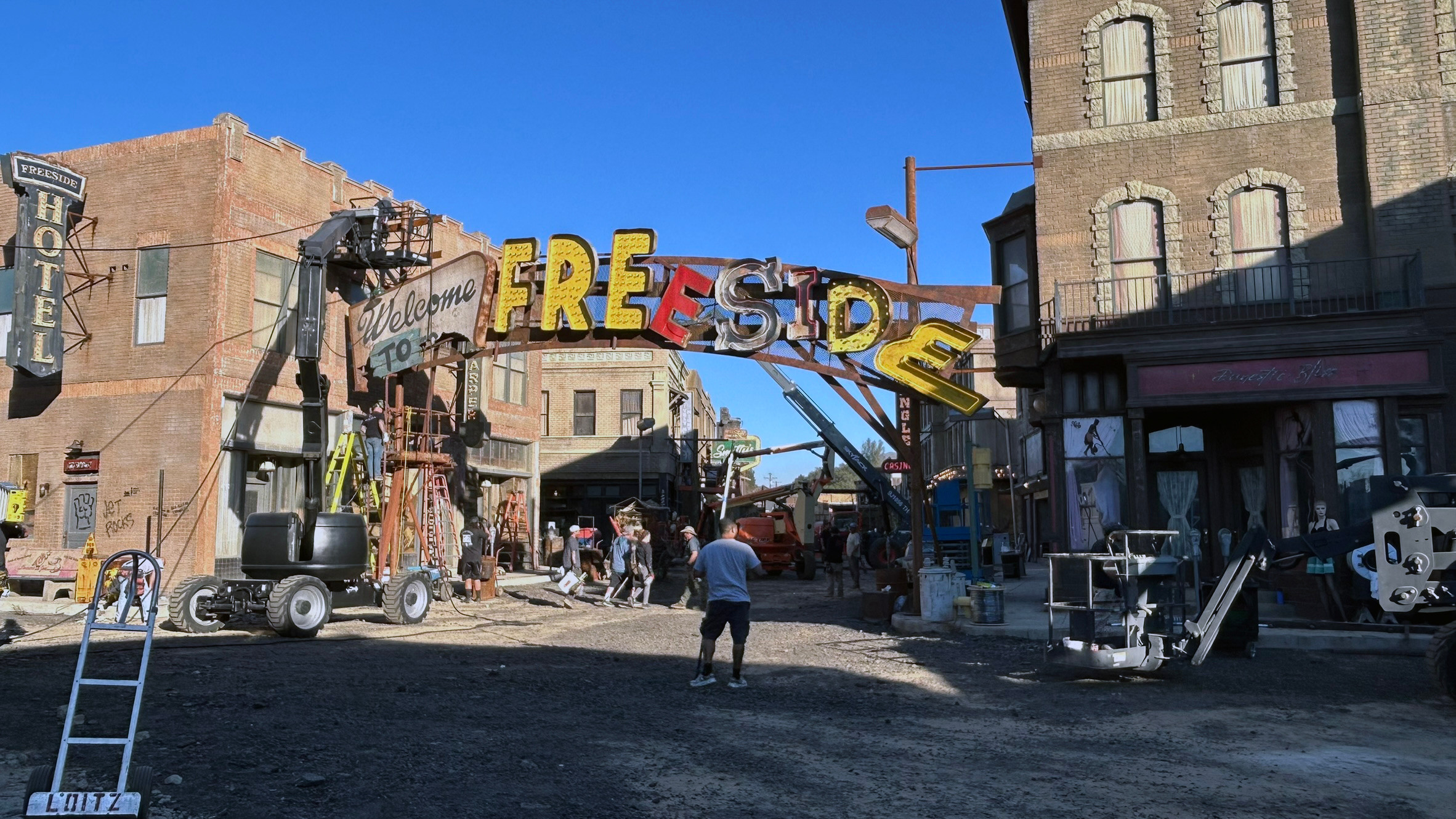 Freeside sign, finished set...well, in process of being finished, anyway.