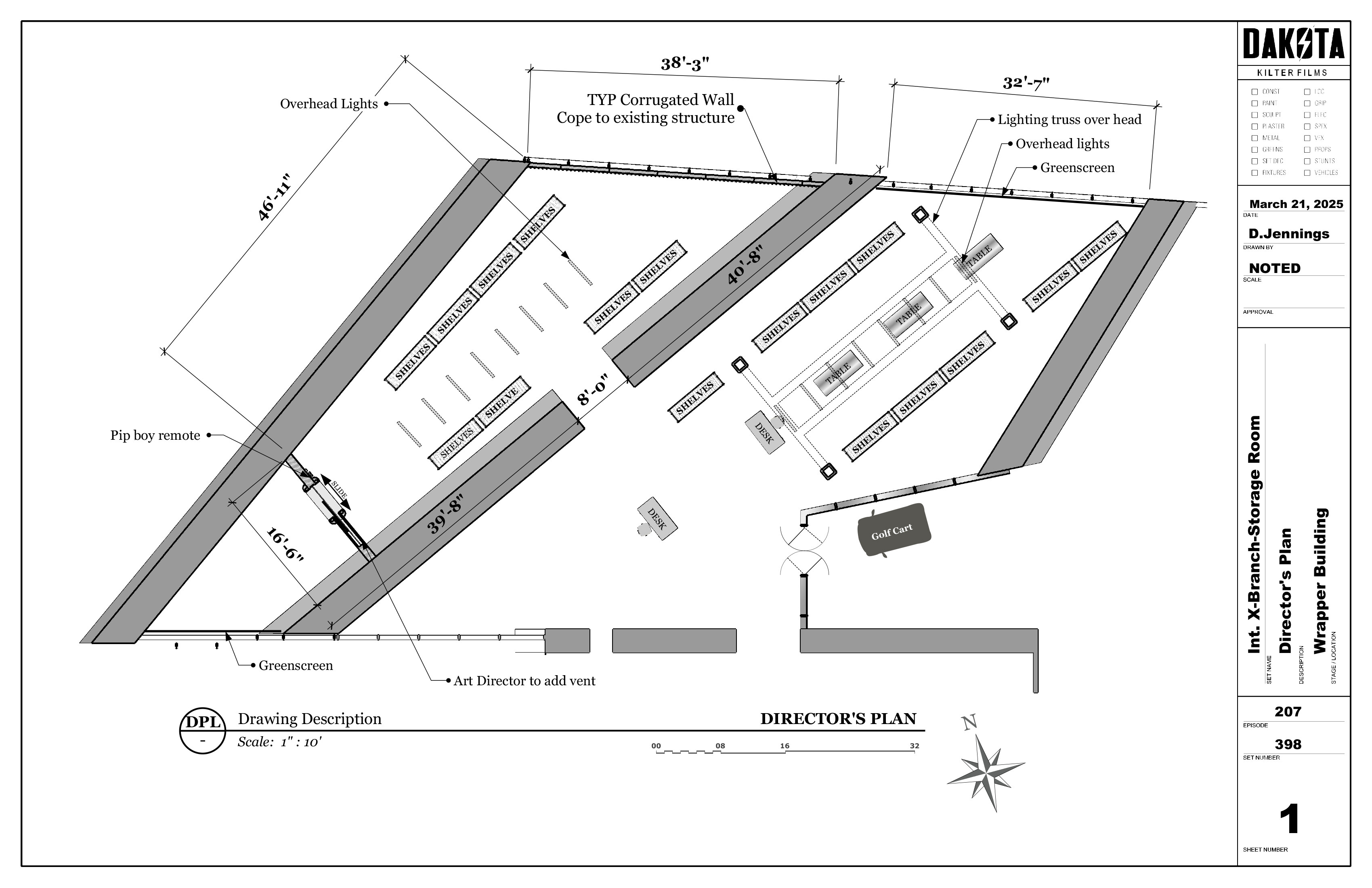 X-Branch Storage Room. Location Plan. This was built on a location with a digital set extension. The walls were from the same location that shot as the Vault-Tech HQ vault. Mostly dressing, EXCEPT the storage room door.