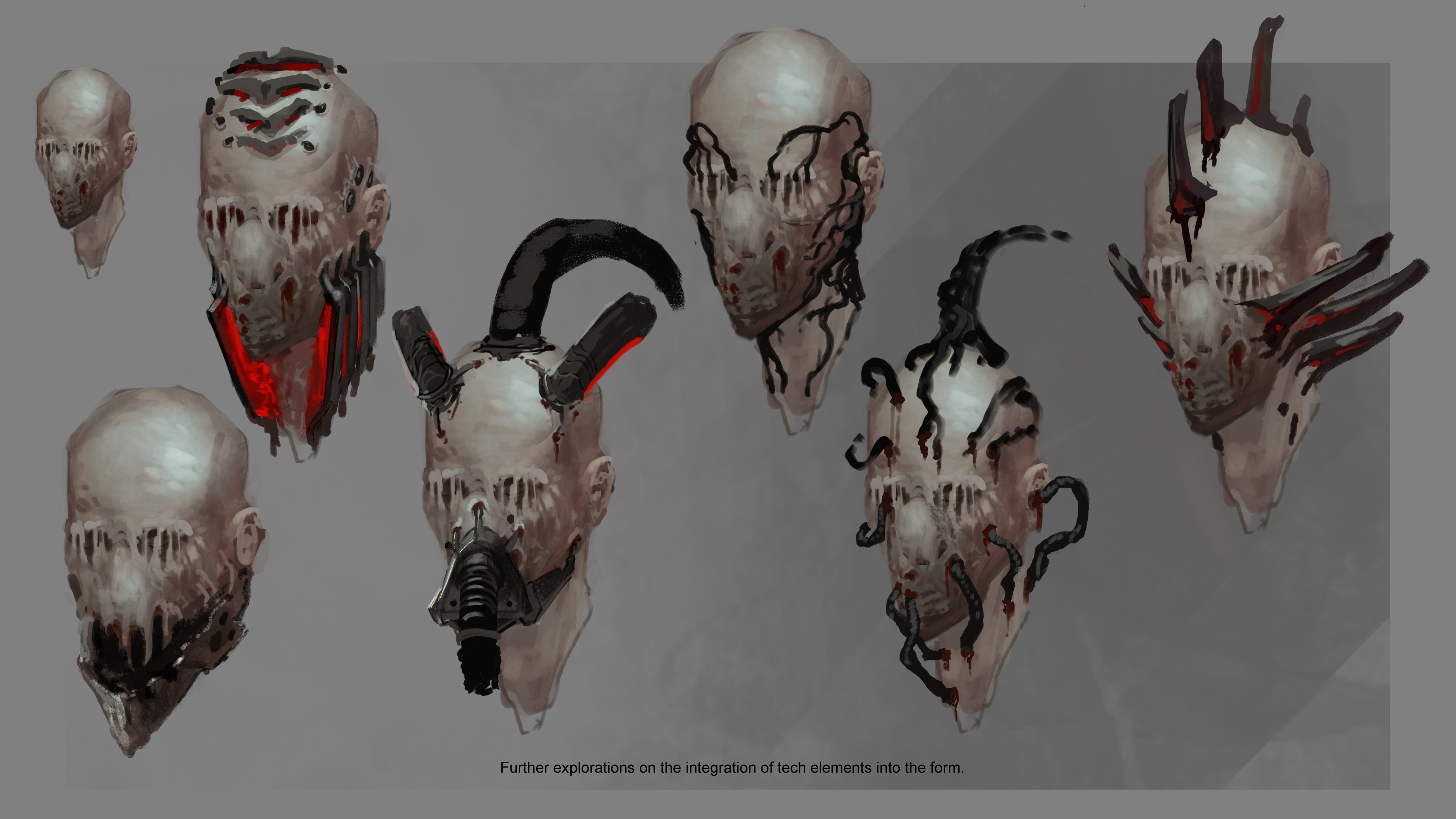 Clearer explorations of how the tech elements would integrate into the body. The devil themes from the original sketch were a big hit, but we wanted to make sure the tech made sense too. 