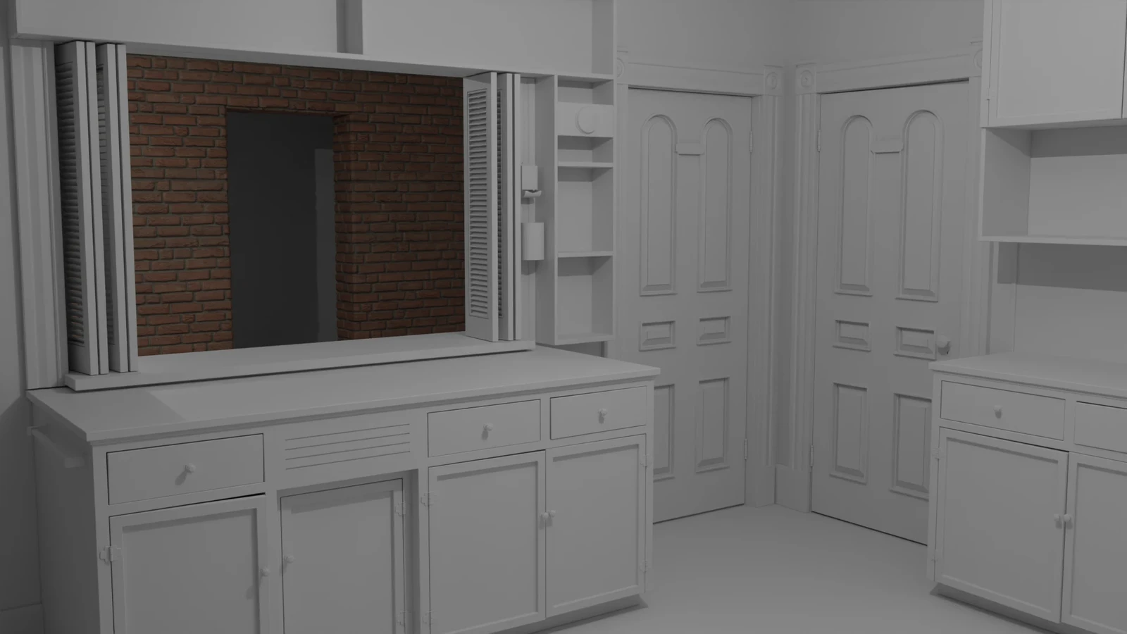 Looking stage right through the serving window into the livingroom [WIP]