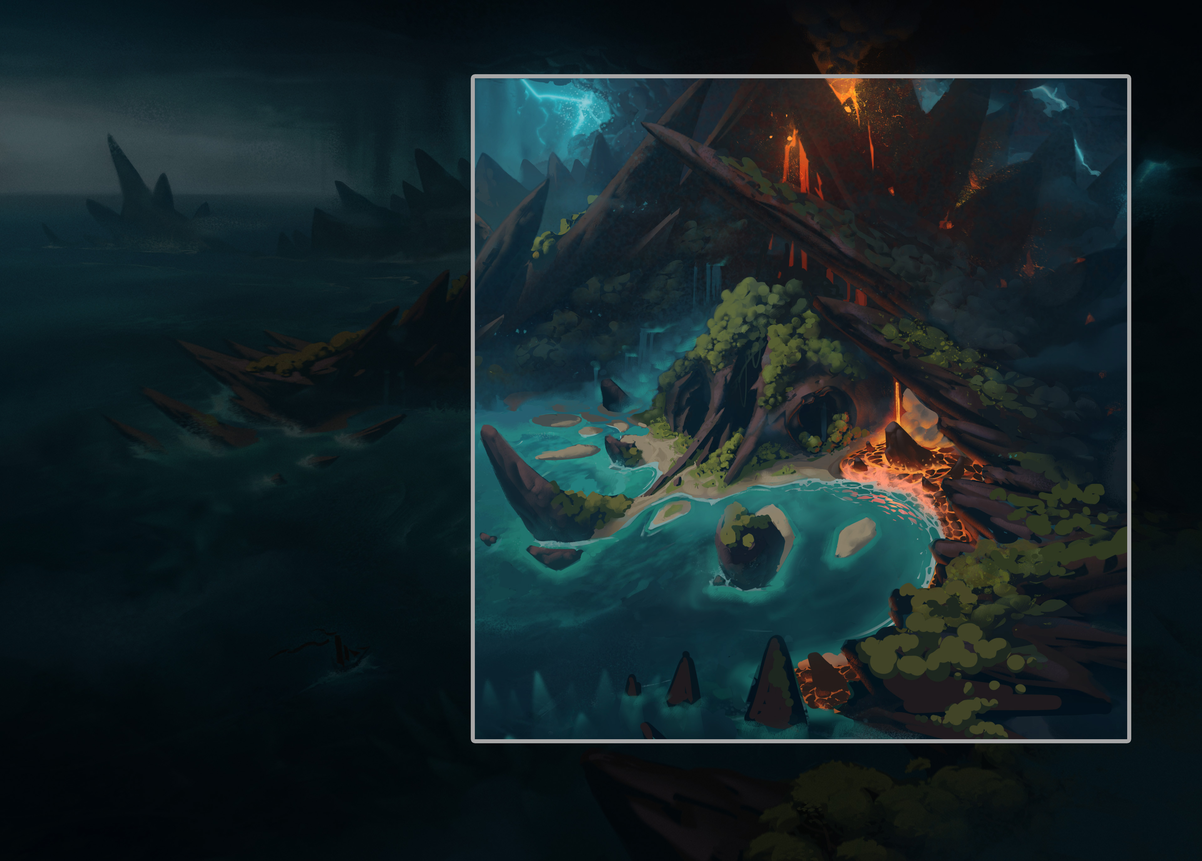 At some point I was exploring what it would look like with a lava flow to the water, still think it is cool but was too distracting in the end.