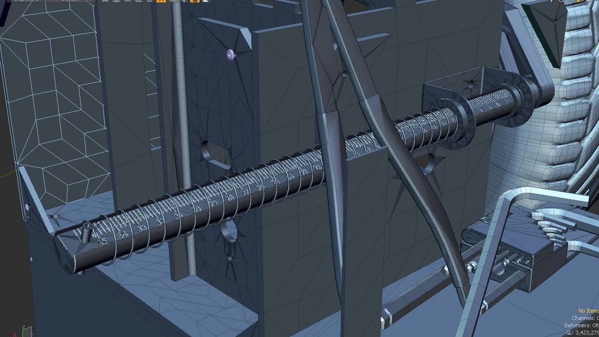 Inner Measuring Arm for Wheel Balancer - rigged to pull out, rotate as needed, and most trickily, the return spring correctly compresses without distorting - not simple scaling - the spring is procedurally-generated, and the length and pitch update.