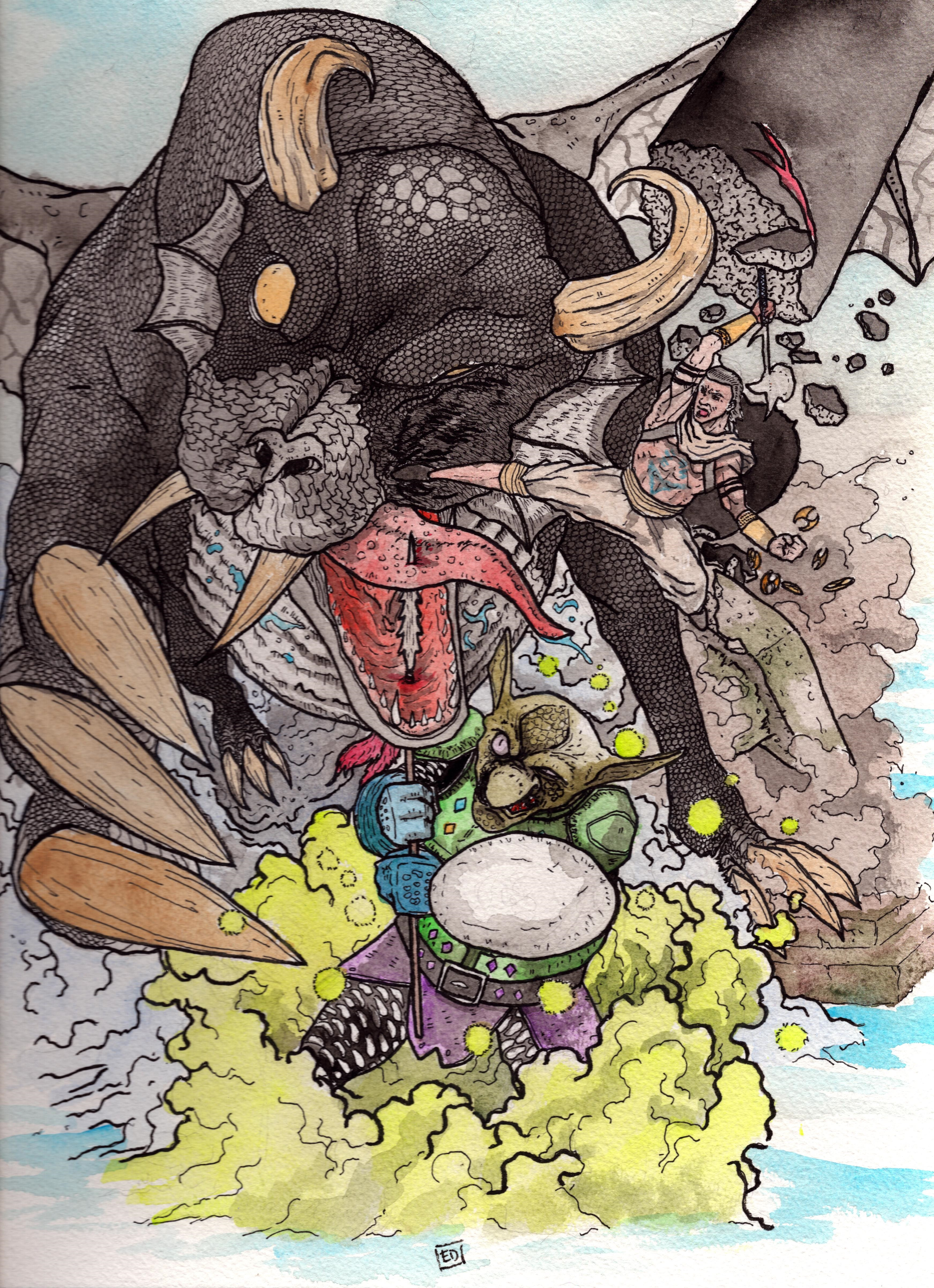 Watercolor and ink on paper. 