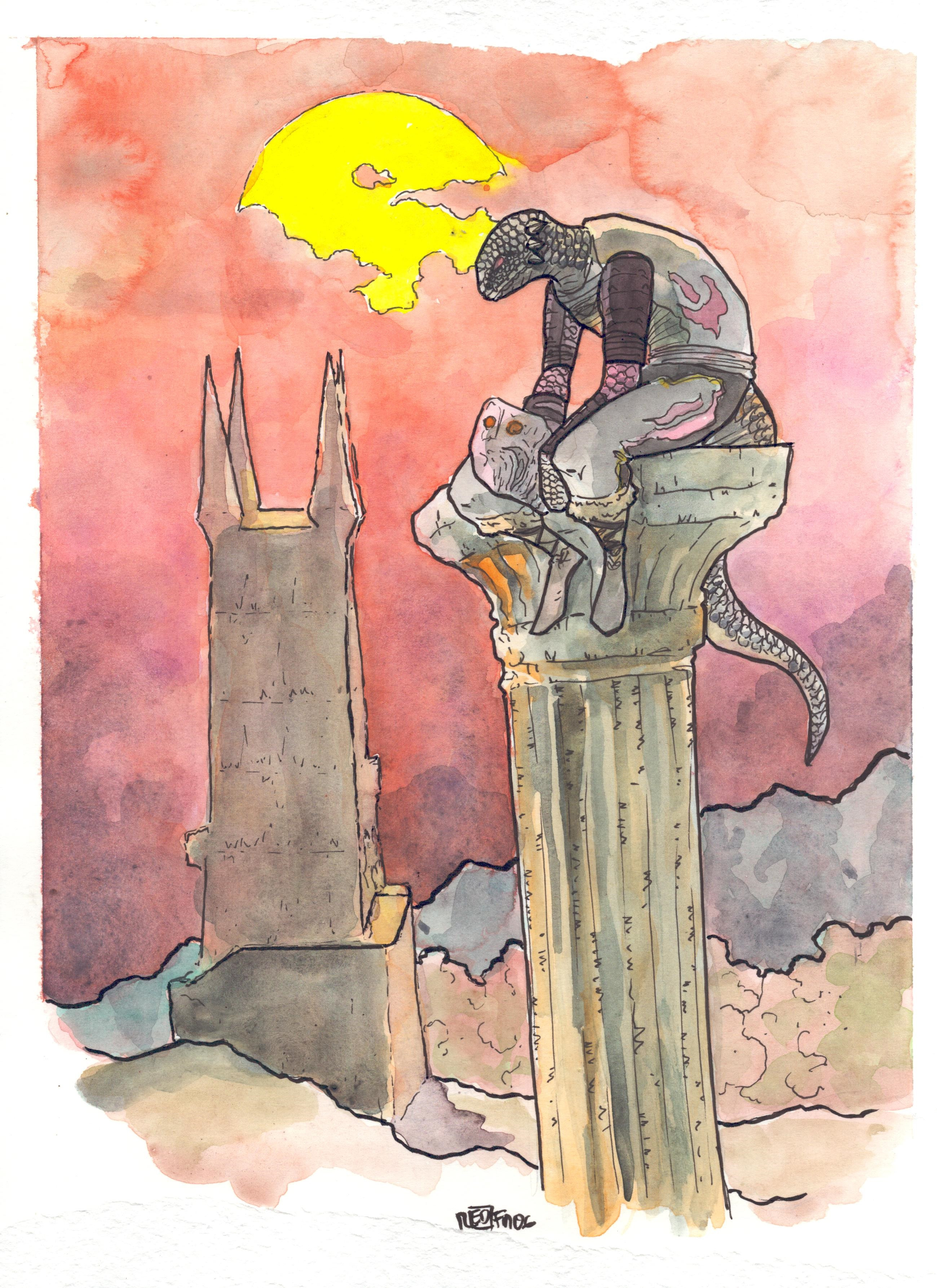 Watercolor and ink on paper. 