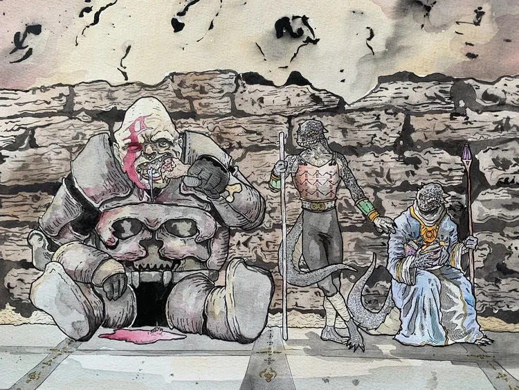 Watercolor and ink on paper. 