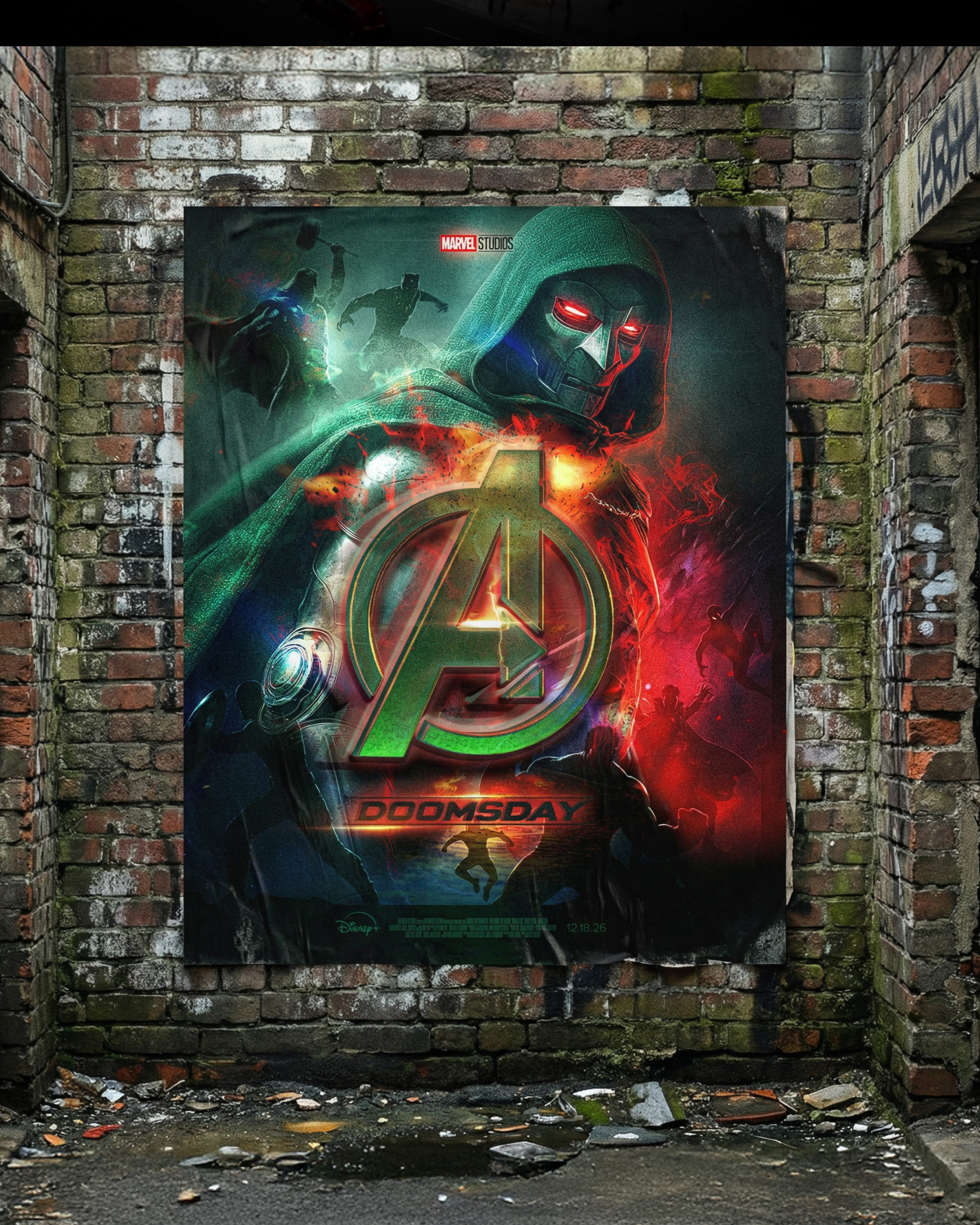 Avengers: Doomsday” concept key art — gritty street poster mockup featuring Doctor Doom + cinematic energy effects. Fan-made movie poster exploration focused on dramatic lighting, texture, and scale.