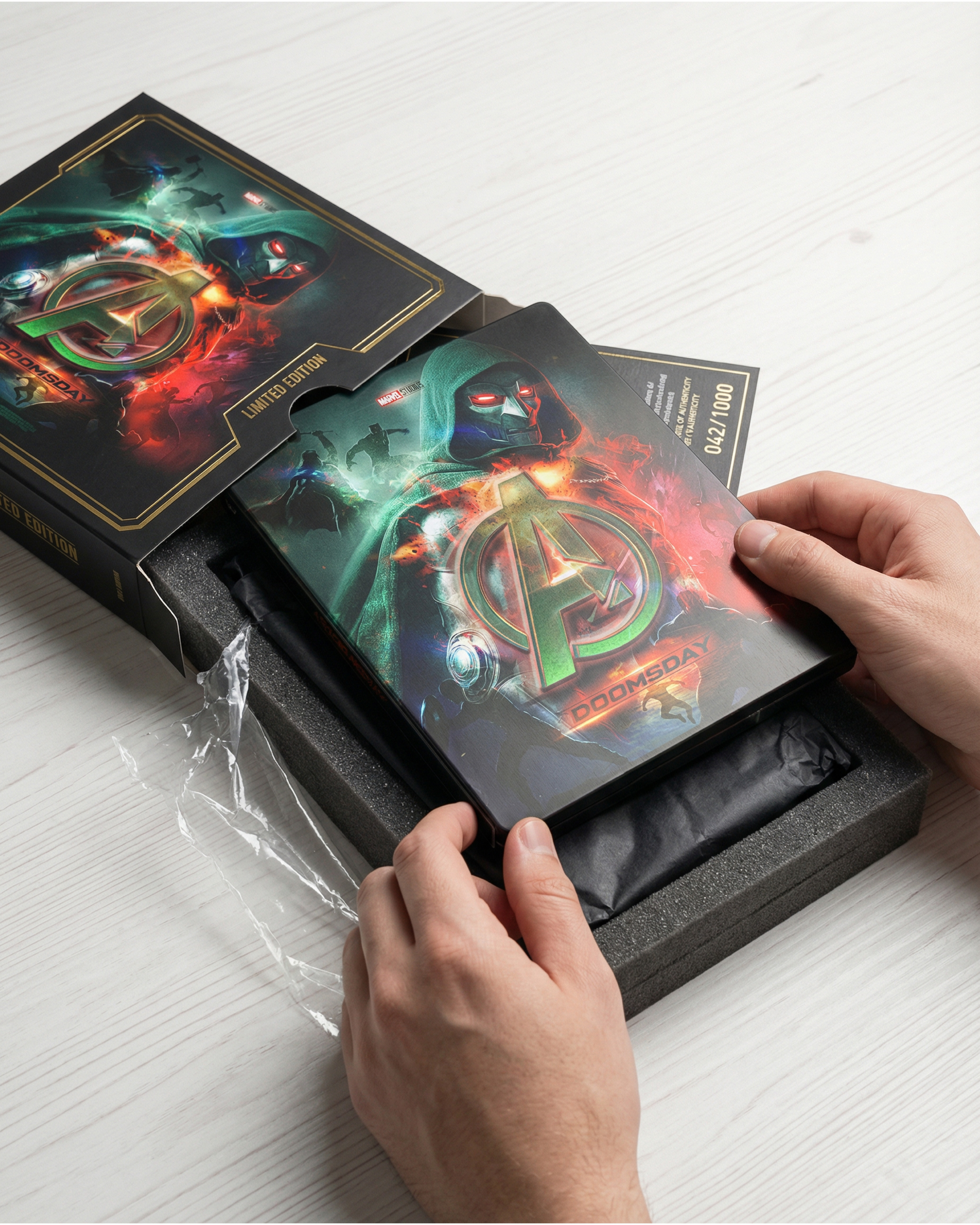 Physical media and steelbook packaging exploration extending the key art into collectible formats.