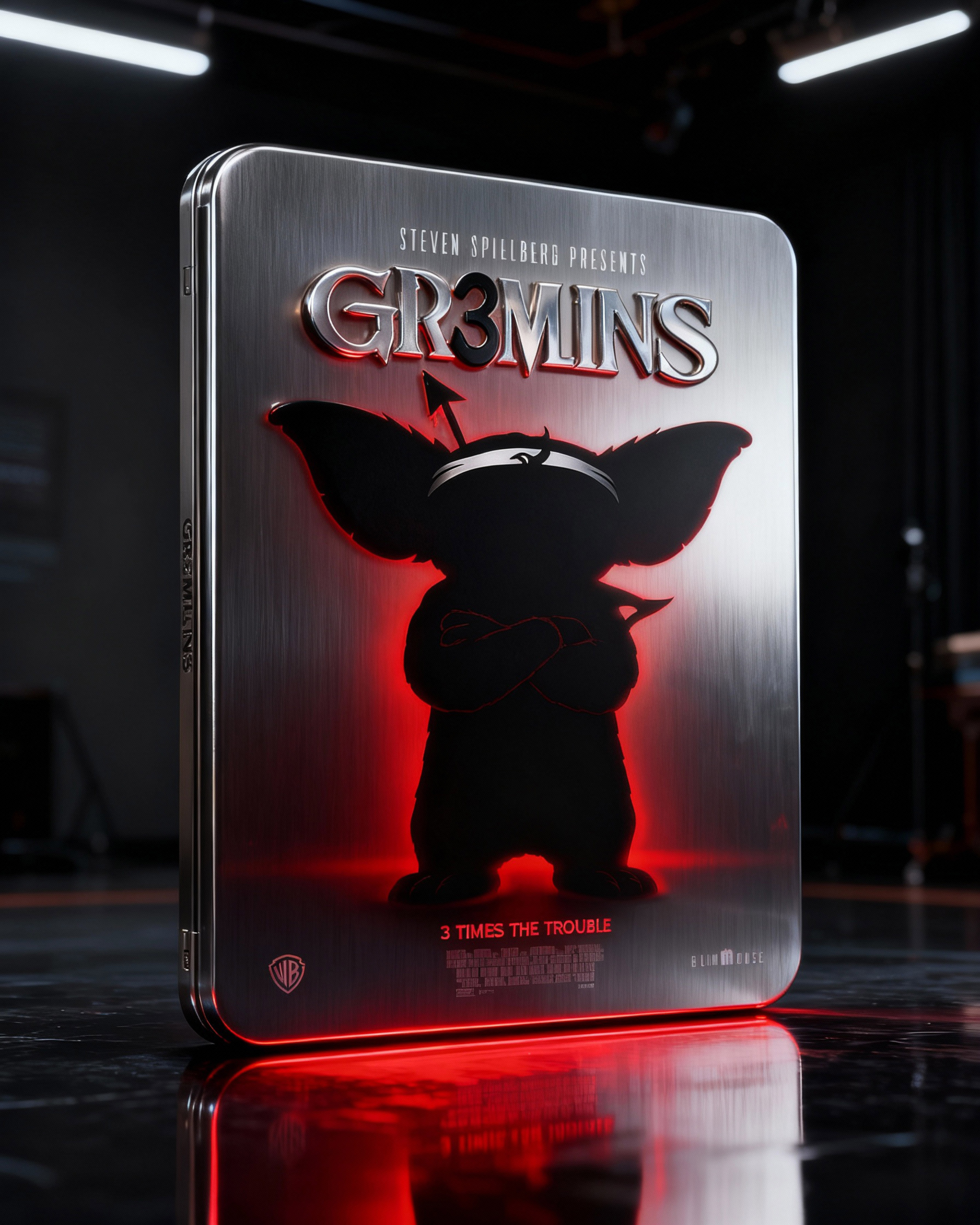 Steelbook-style collector edition concept - brushed metal finish + red underglow to push the GR3MLINS identity into premium merch territory.”