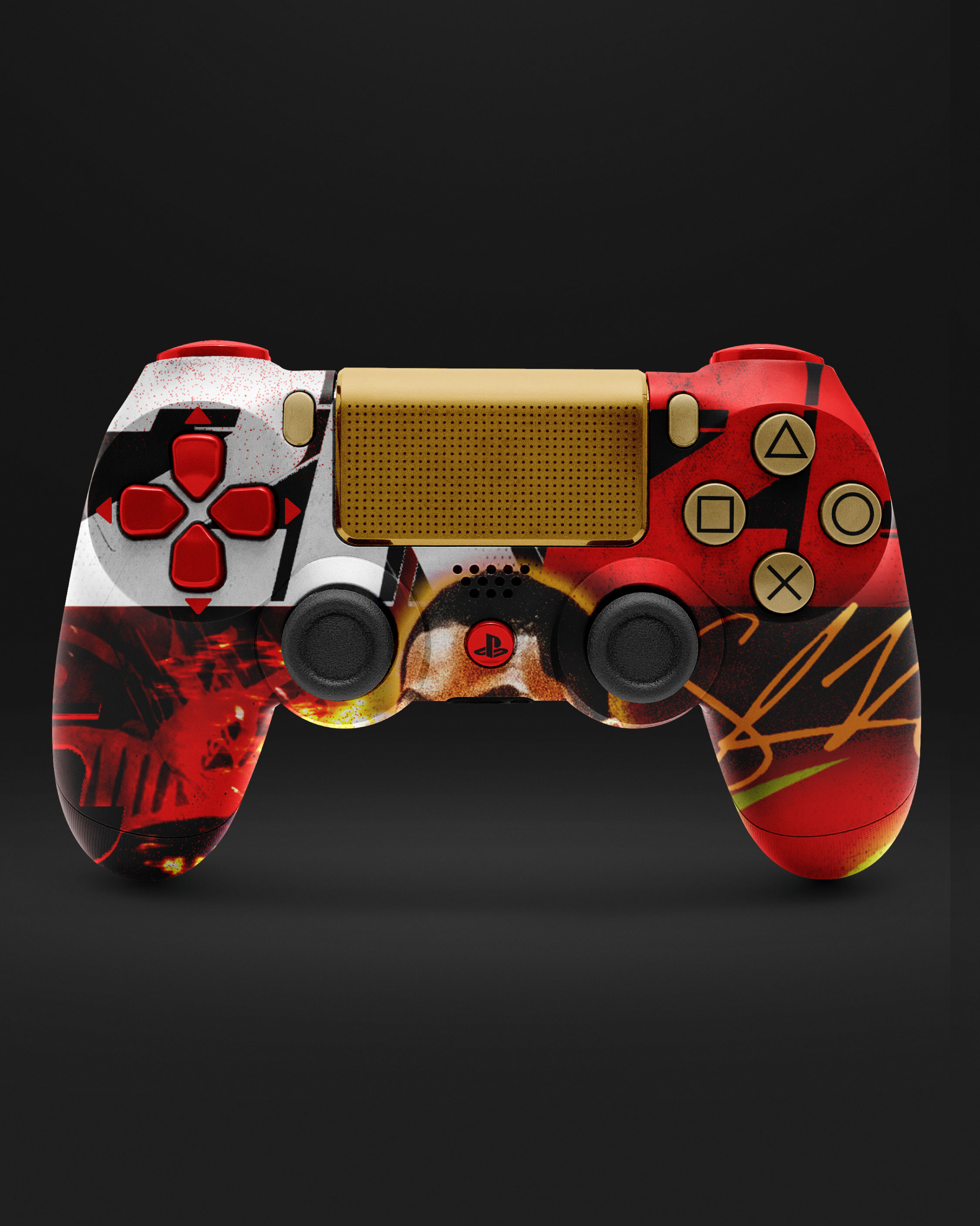 Controller wrap concept built from the same texture + signature language.