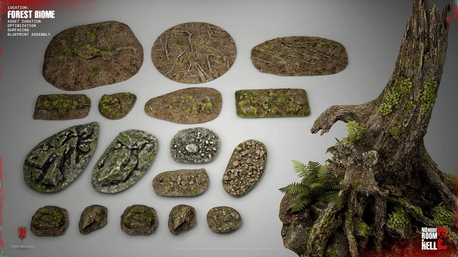 Third-party and Megascans assets curated and re-surfaced with our layered material setup to improve performance and reduce texture usage, with custom Blueprints supporting faster natural set dressing.