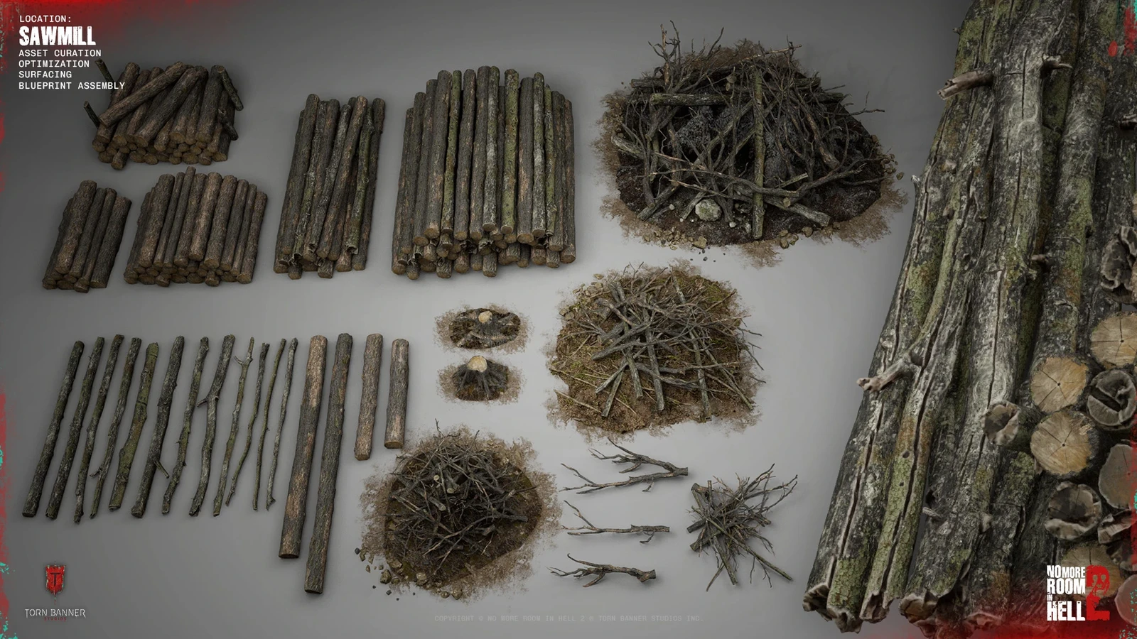 Logging assets created for reuse across the sawmill POI and surrounding forest spaces.