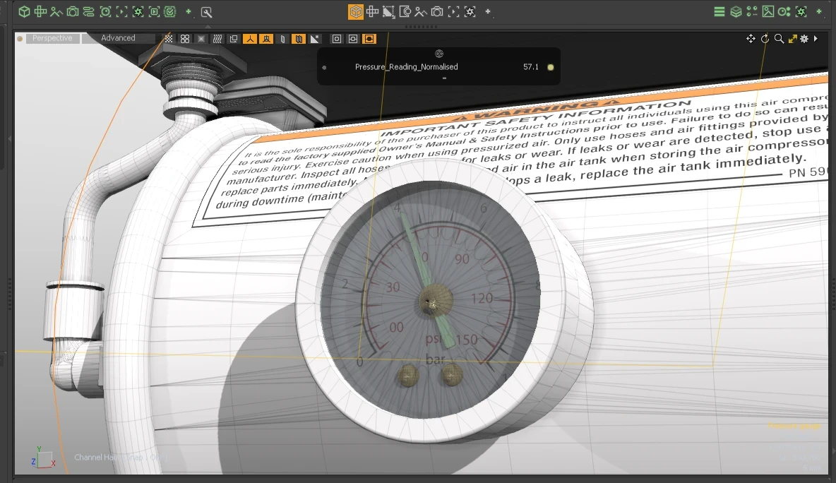Rigged pressure gauge in use-case for an illustration - close view