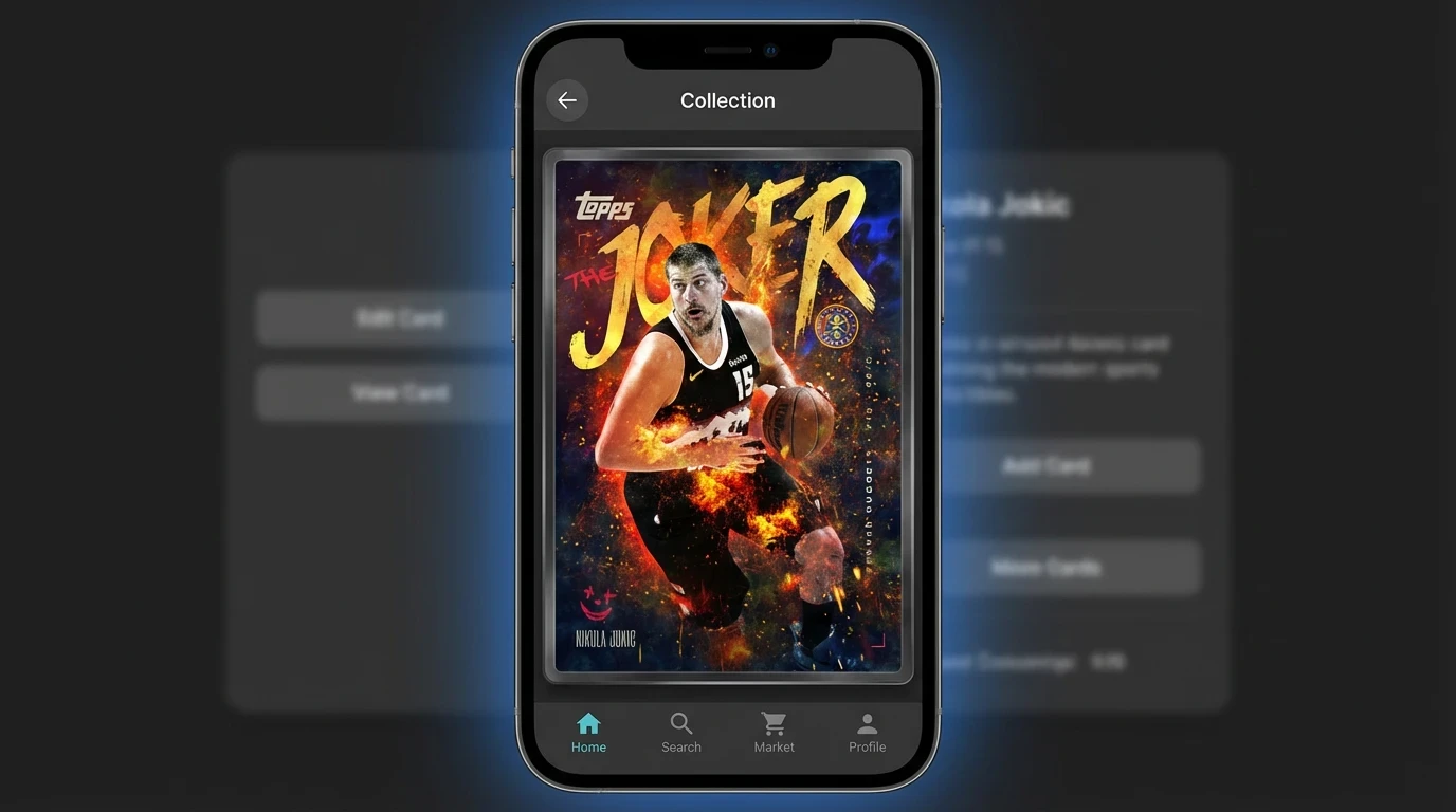 In-app collectible presentation mockup combining the hero card with a UI layer to visualize a full digital ecosystem - selection, collection management, and pack-style discovery.