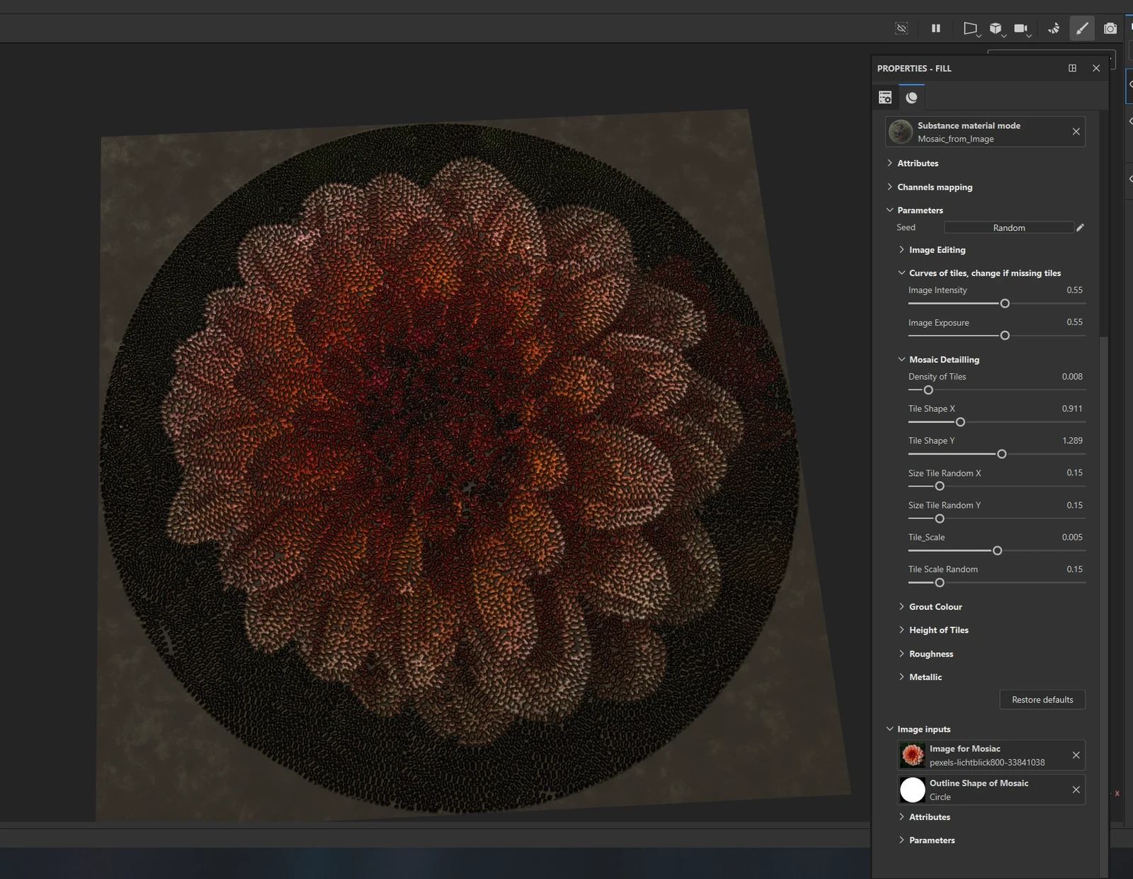 Exported material in Painter with the exposed parameters 
