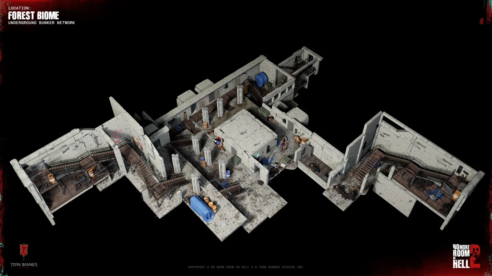 Underground bunker environment, co-developed with level design, one of several connected to surface points and offering alternate underground traversal through the biome.