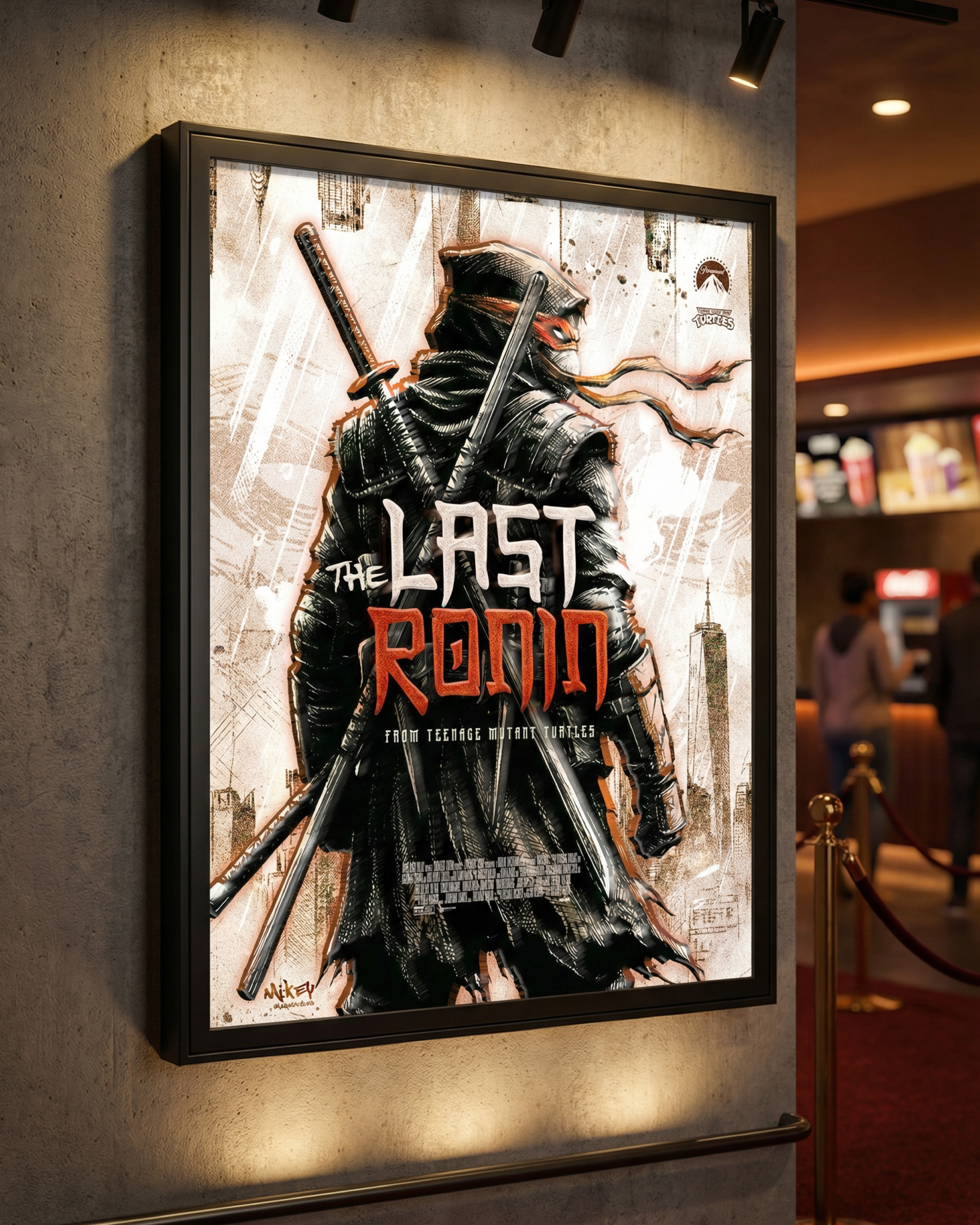 A framed presentation simulating in-theater or cinema lobby placement, emphasizing scale, lighting, and premium presentation within an exhibition environment