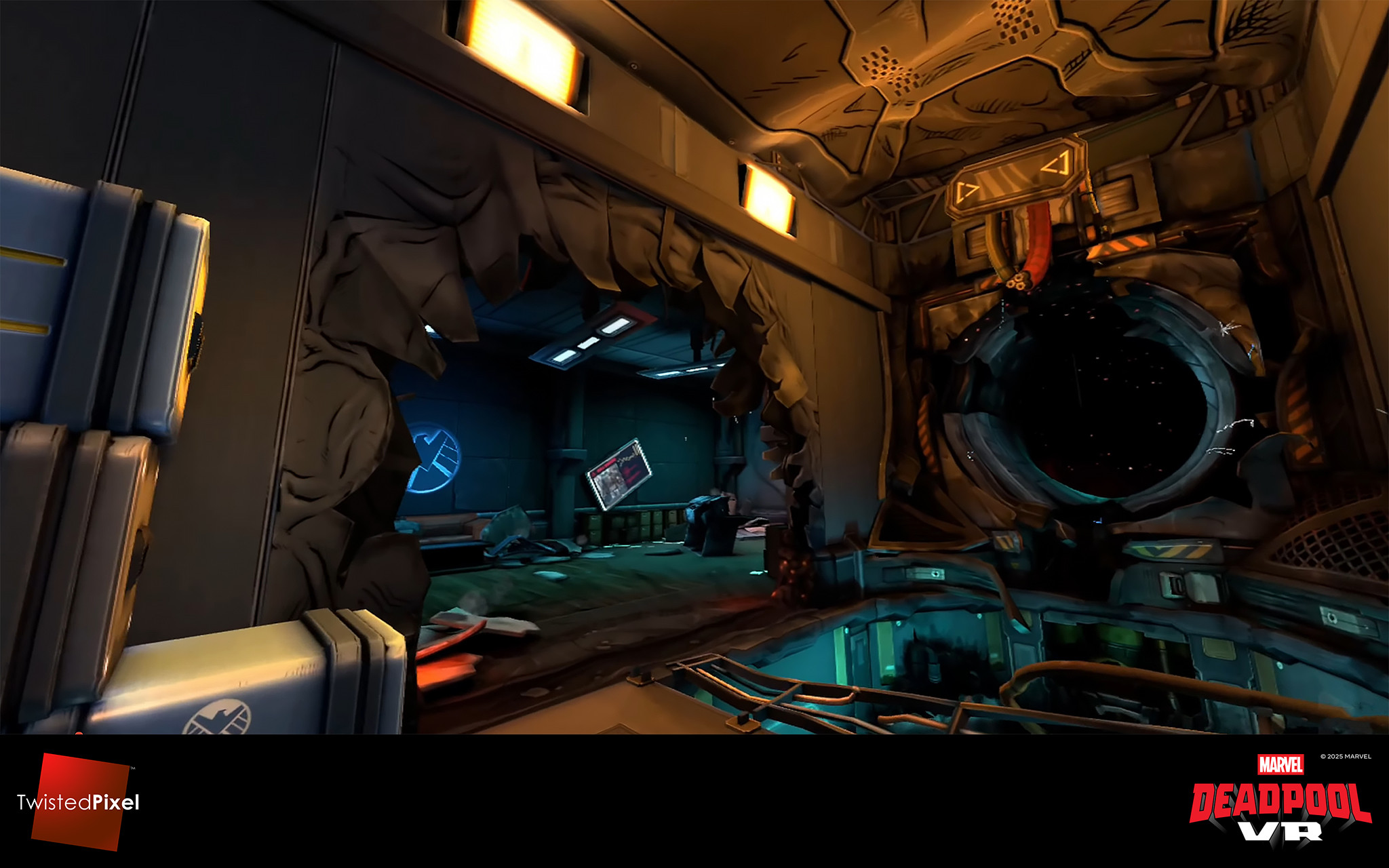 Another destroyed access port later in the level, this time with a damaged wall that leads into Maria Hill's office