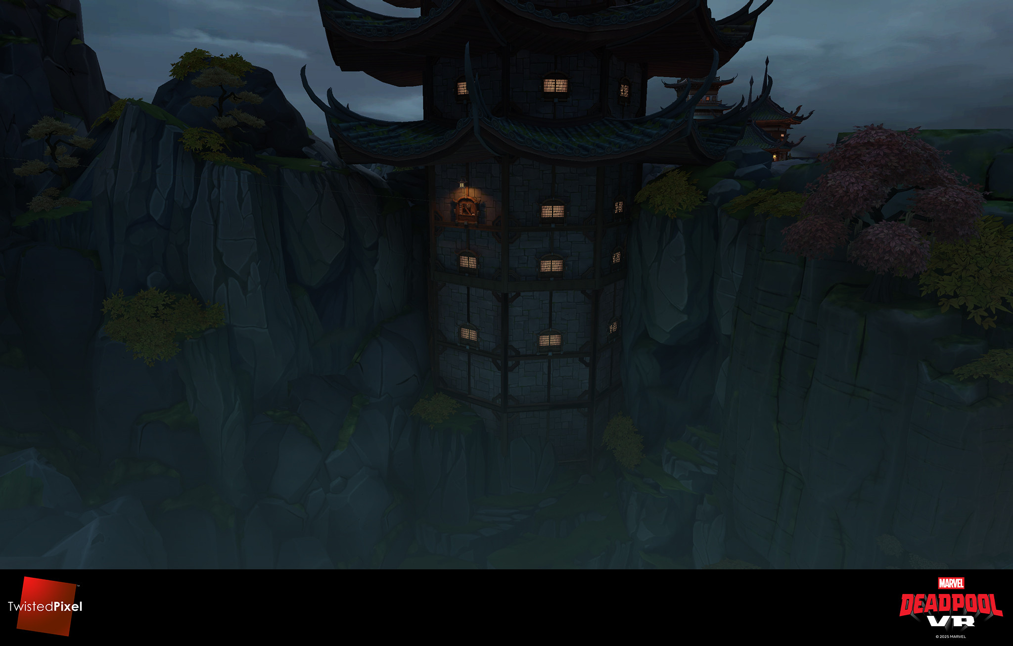 I created the cliffs and placed the foliage. I also did a broken version of the pagoda window that Deadpool zips through