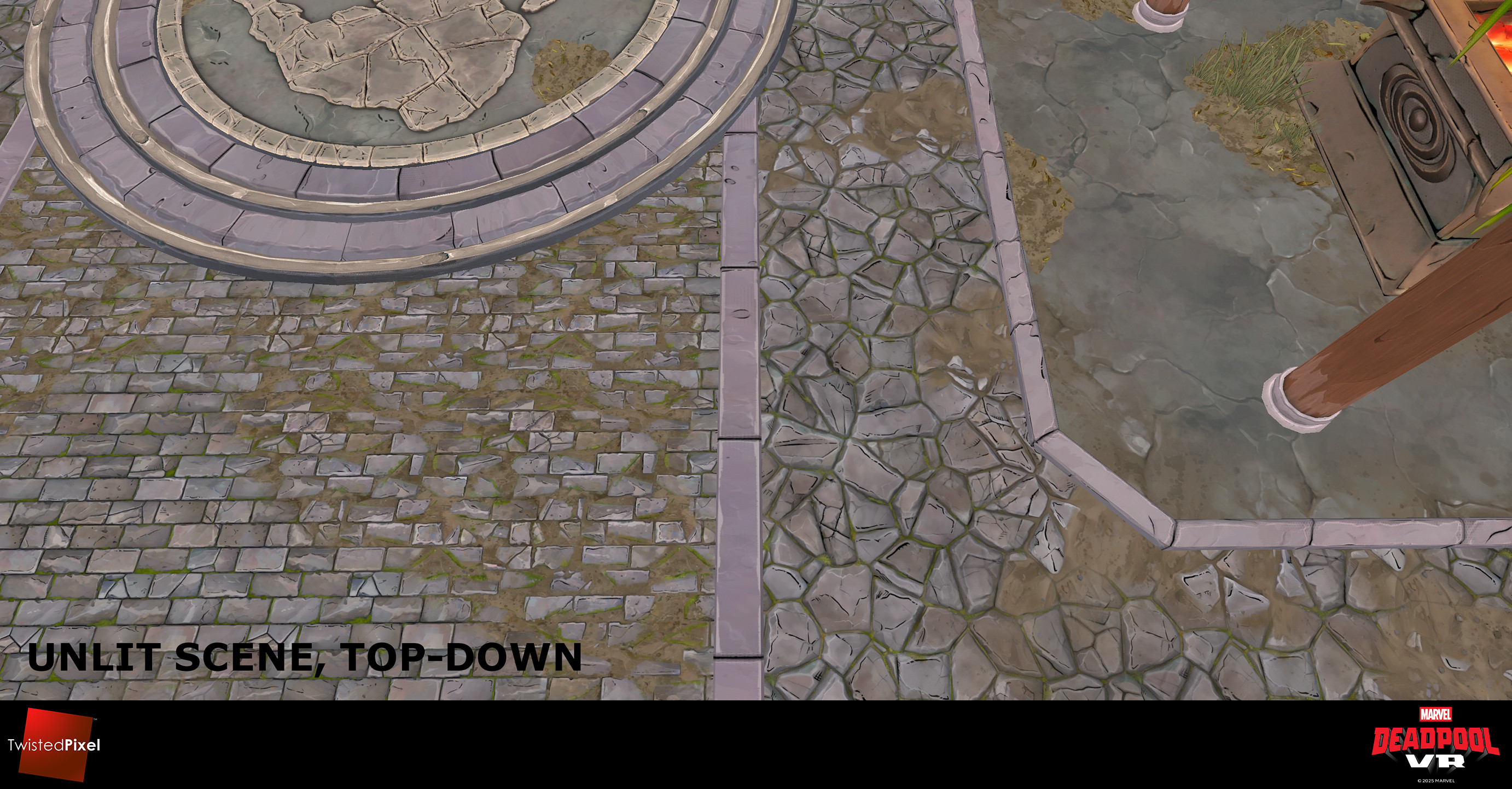 Hand-painted floor textures with dirt blending accomplished using lightweight materials techniques in UE4