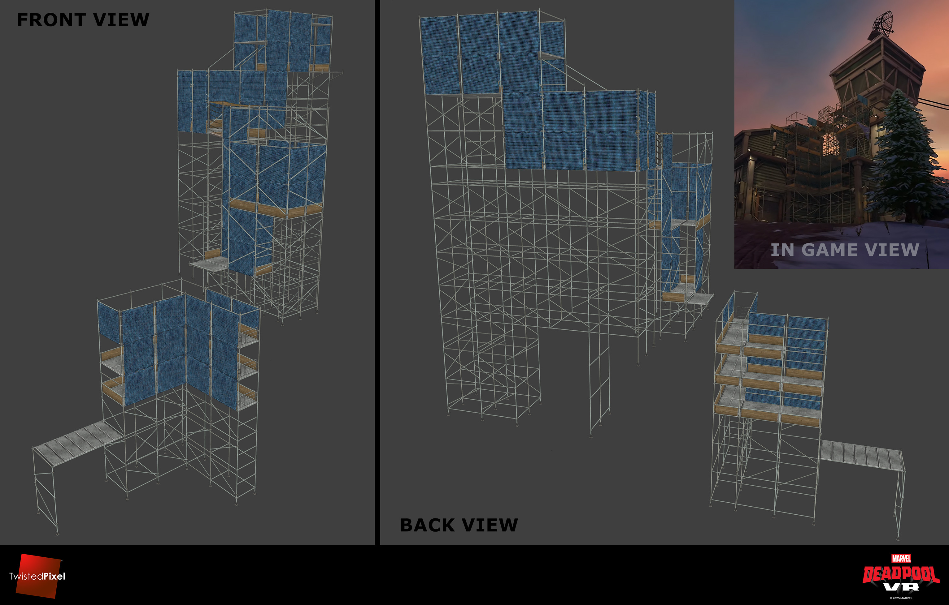We needed scaffolding to provide the player a path down from a tall tower, so I made a modular scaffolding set with netting to prevent the player from jumping and falling off
