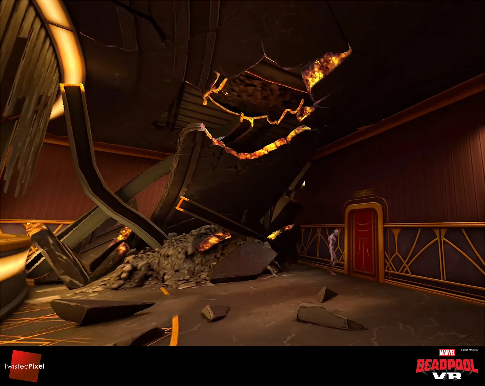I made the collapsed ceiling and associated debris. In the game, it's caused by Ghost Rider driving his fiery bike through the upper floor, which is why the sides of the hole are burning.

