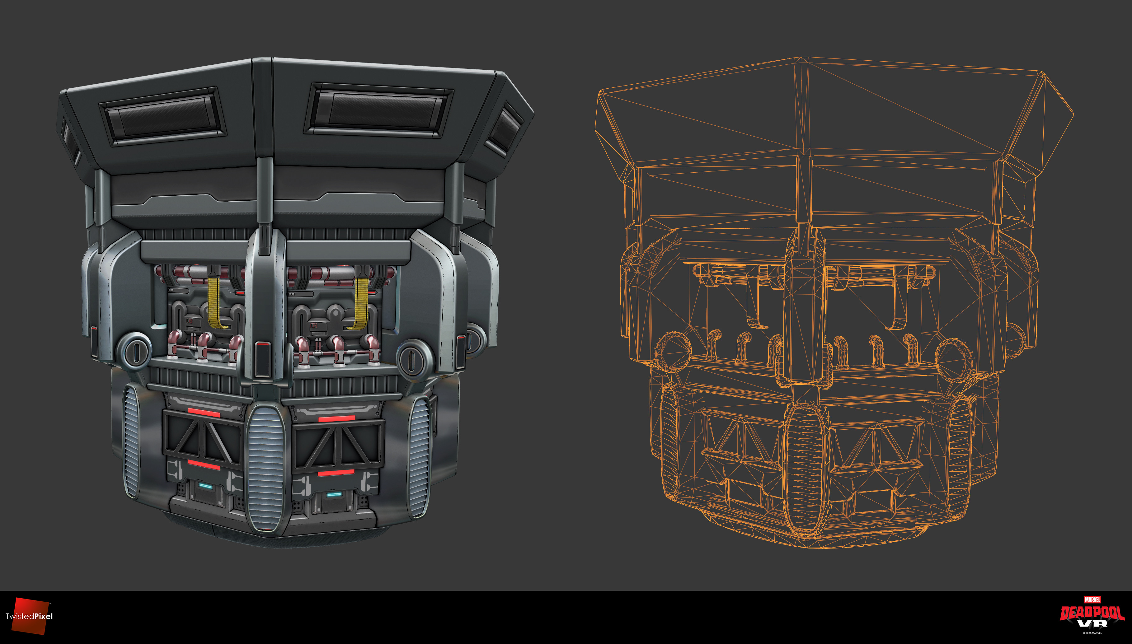 Unlit and wireframe views of the engines
