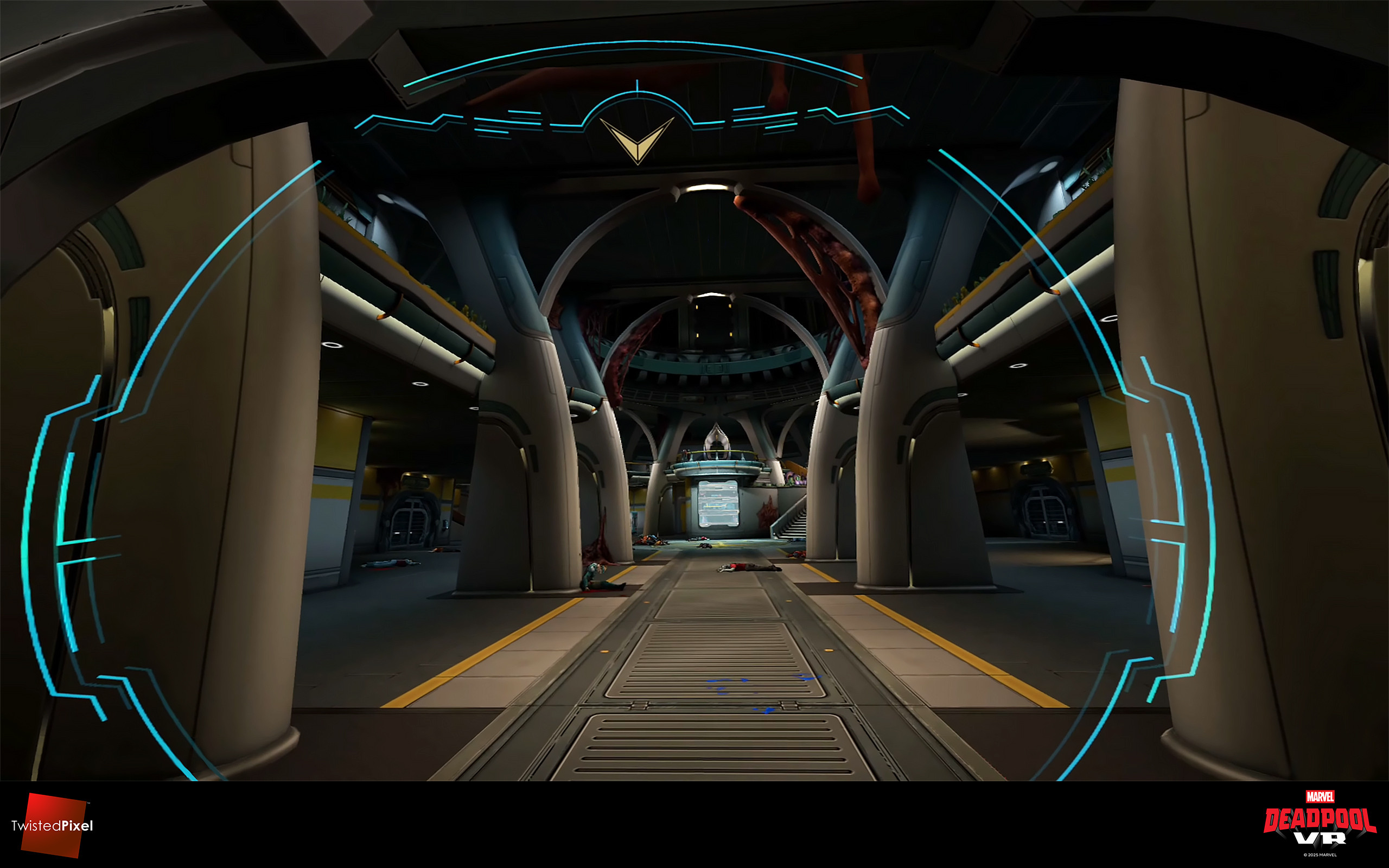 View when entering the transit hub of the station. I'm almost exclusively responsible for the design and creation of this hub. The bright blue lines around the perimeter of the image are from a Novacorps helmet's heads-up display. Brood goo by Brian Hall.