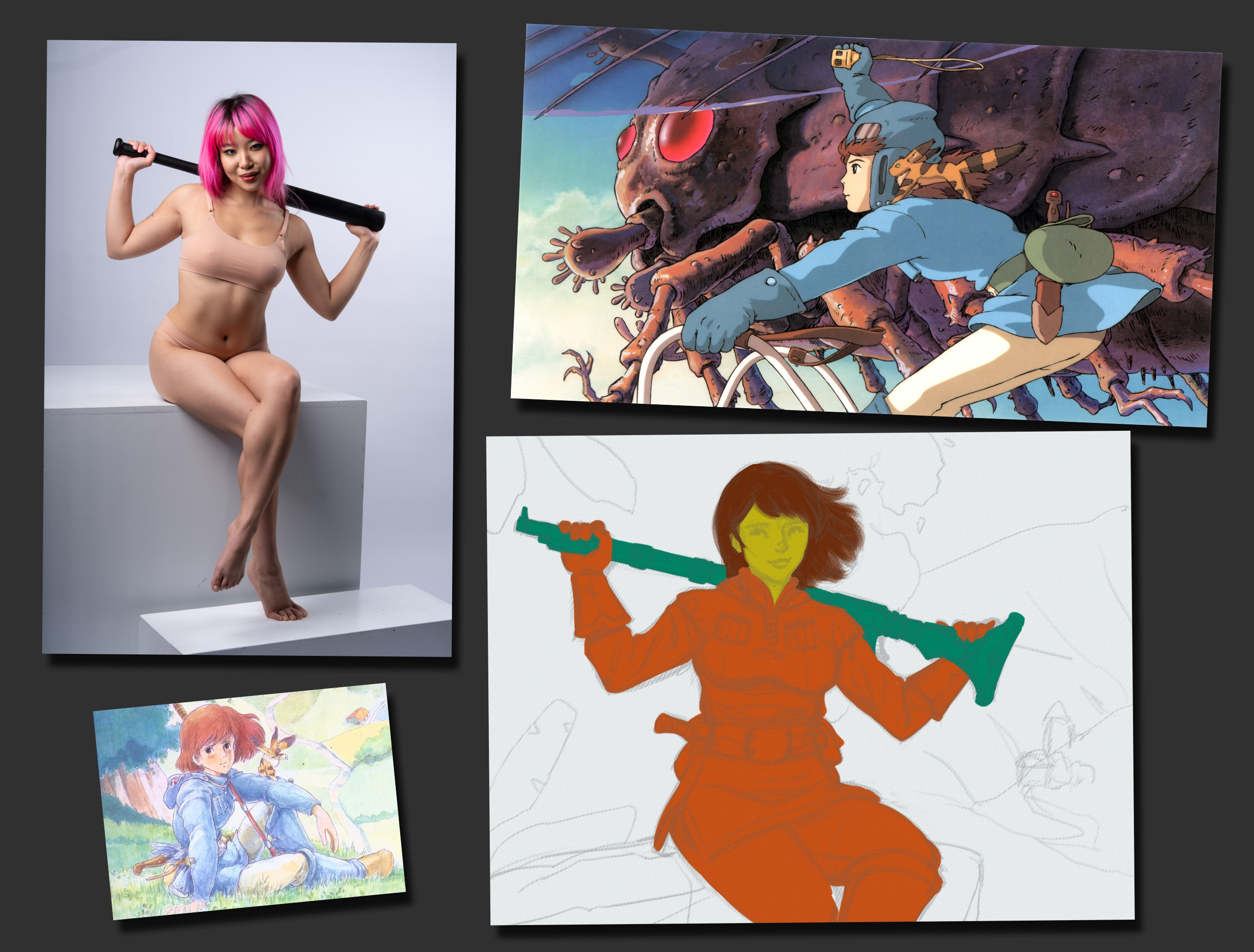 Reference and my initial sketch. Figure photo by True Ref, a great resource!