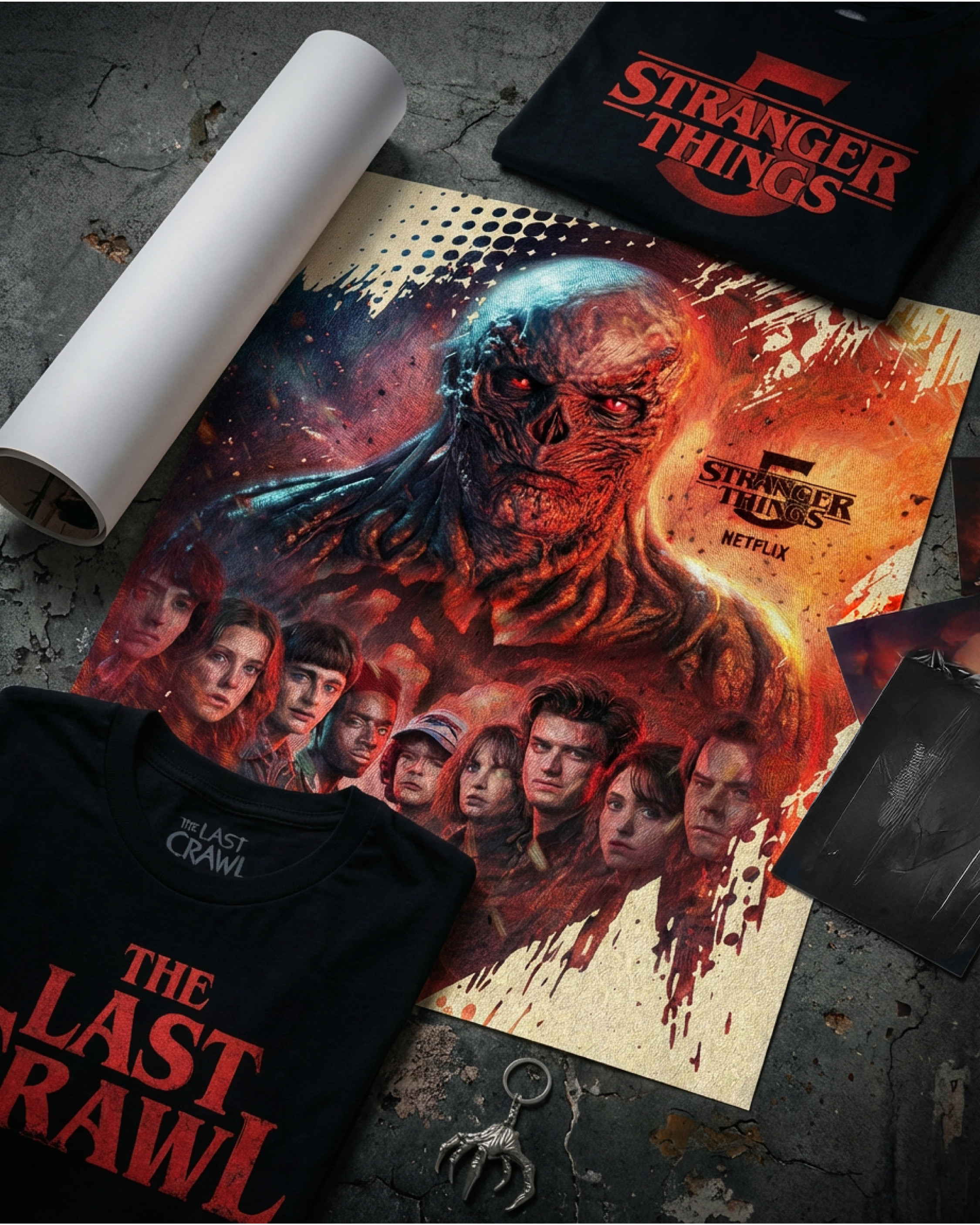 Merchandise and print exploration.
Showing how the key art can extend naturally into apparel, rolled posters, and collector-style physical assets