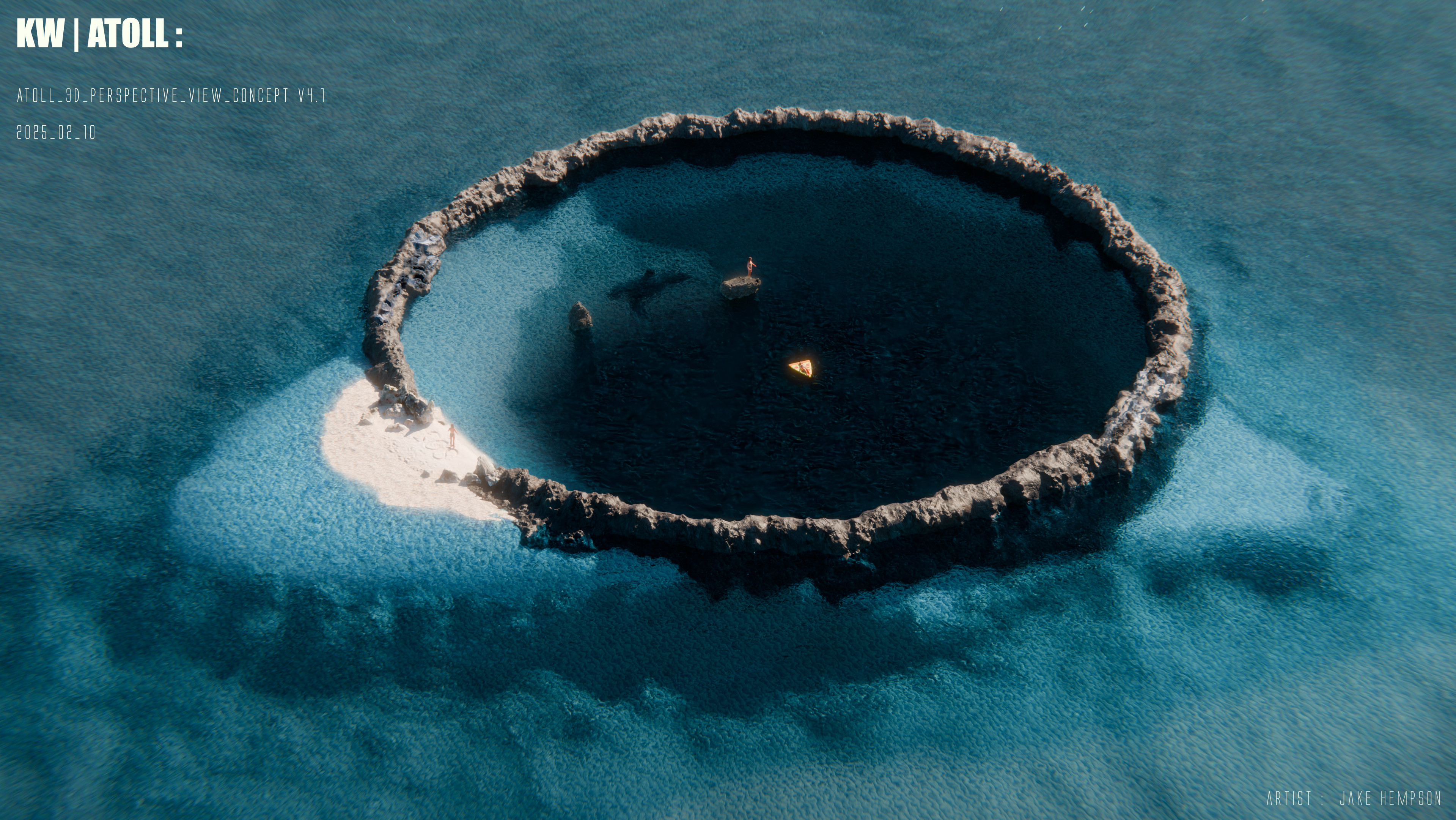 Blender render to indicate depth of water in caldera hole of the atoll