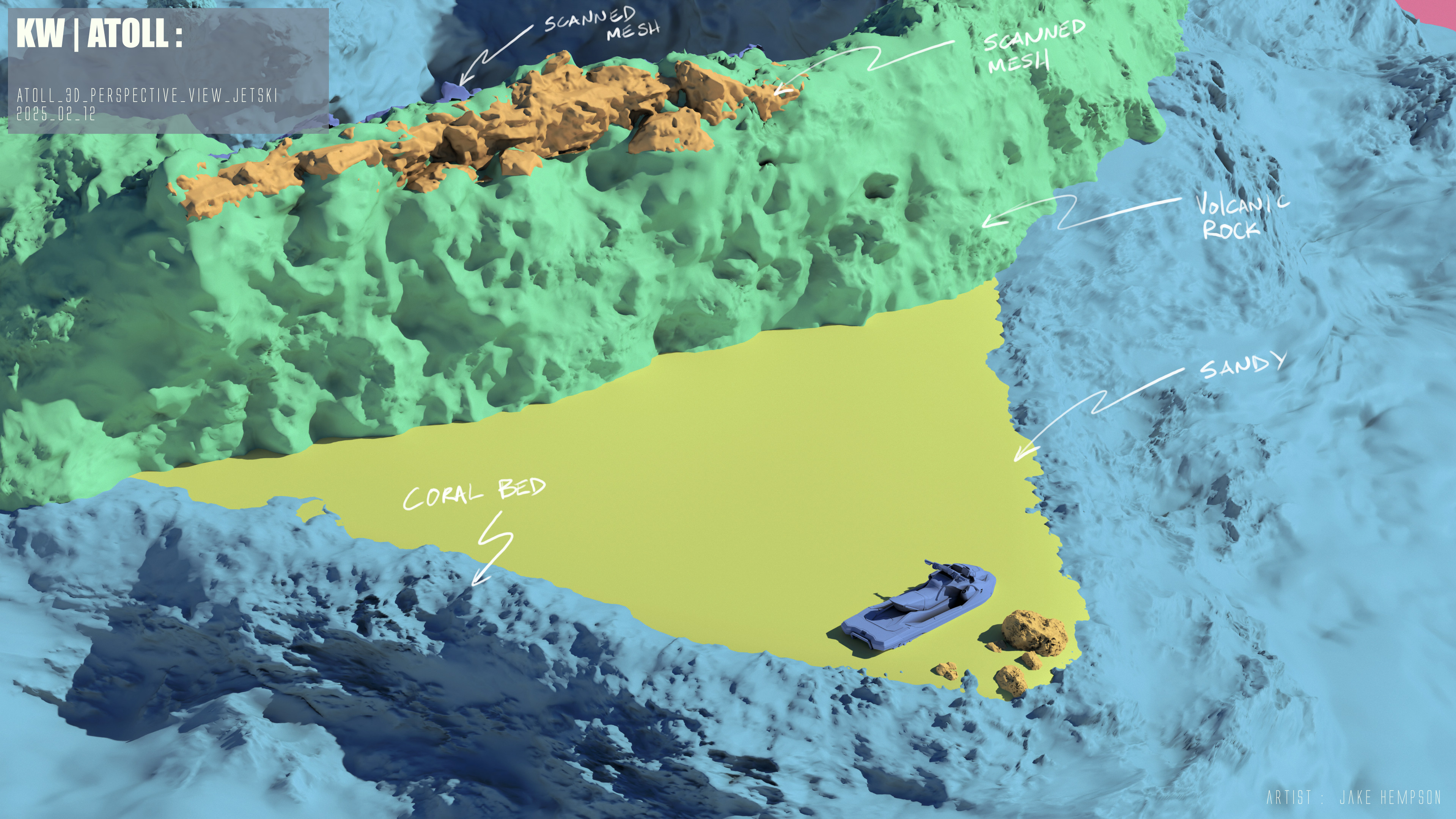 Jet ski position in regards to overall layout. On- set scans and miniature  models indicated by colour break up.