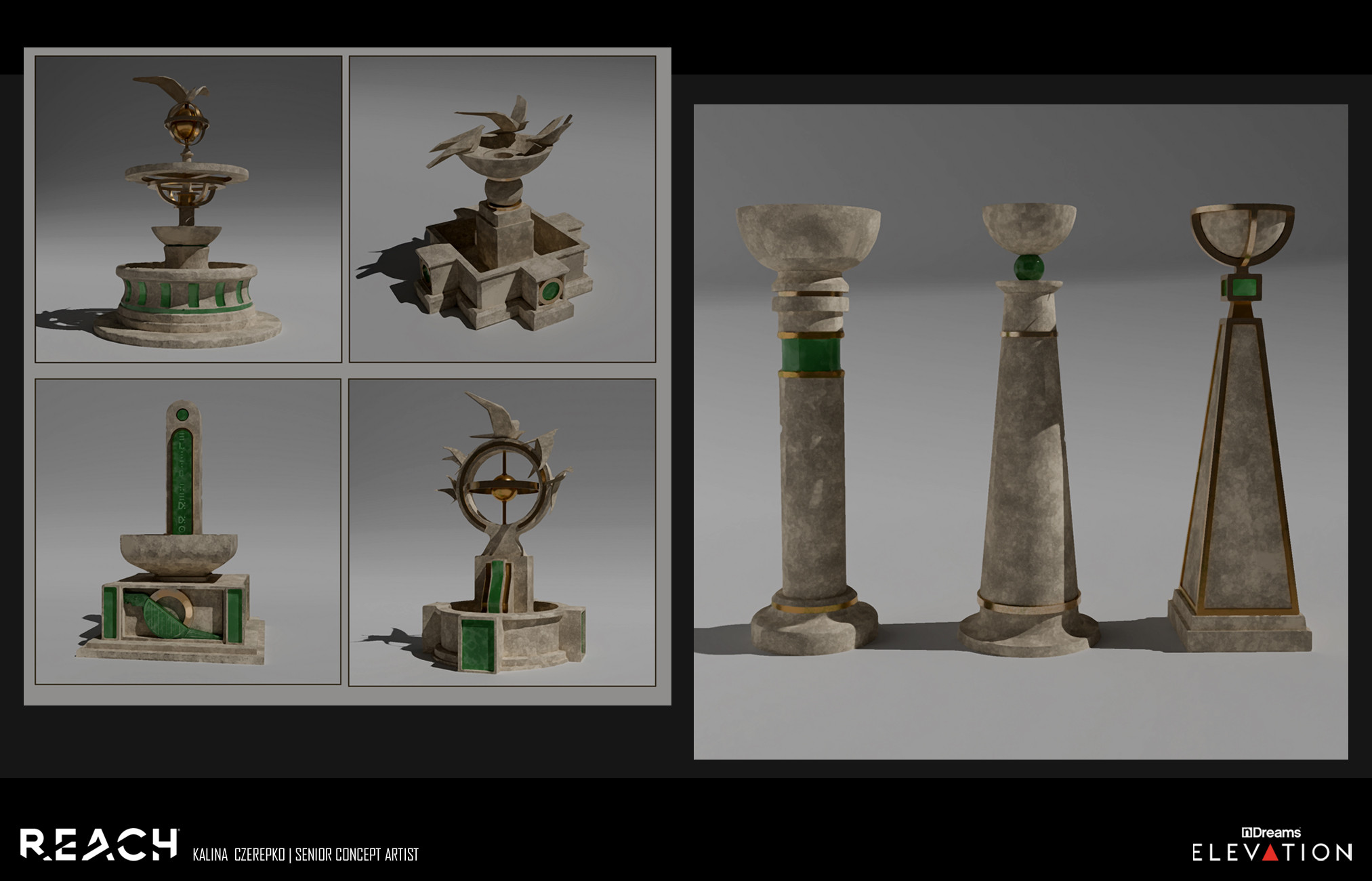 Decorative and world-building elements: fountains and braziers