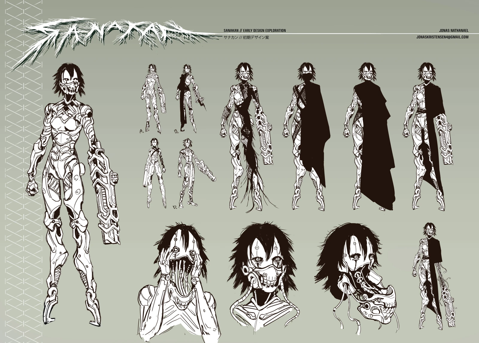 Early design sketches of the Sanakan. I was toying with the idea of having clothes to conceal the intricate design and give rest for the eyes.
However since the character is almost a single value, I thought it wasn't needed.